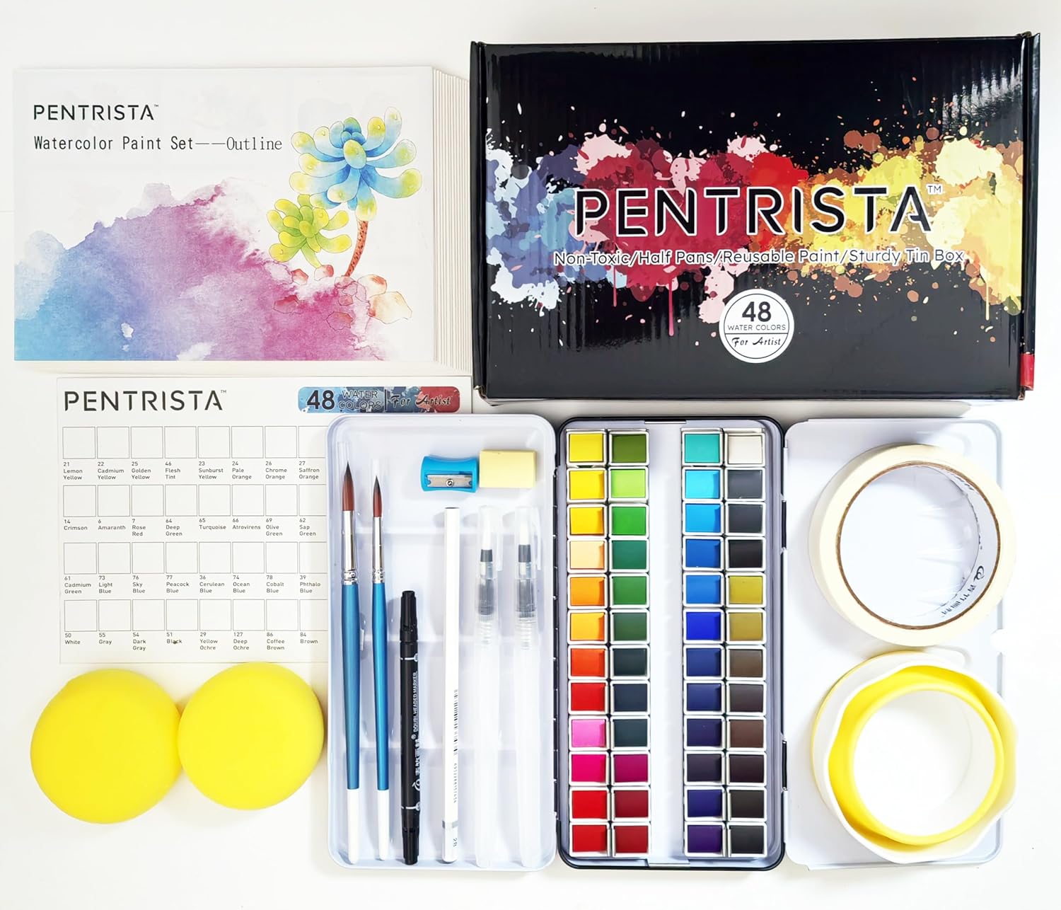 48-Color Solid Watercolor Set for Adults - 20pcs Watercolor Papers,2pcs artist brushed,2pcs water pens,Sponge & Cleaner - Perfect Travel Watercolor Kit for Artist,Beginners,Painting Lovers