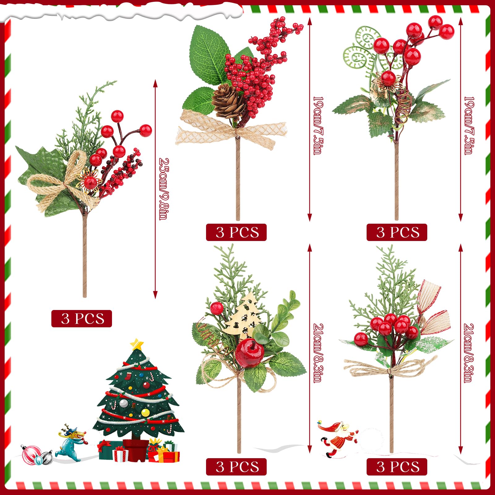 15 Stück Künstliche Weihnachtszweige Mit Roten Beeren & Tannenzapfen | Für Kränze, Vasen & Deko | Wiederverwendbare Winterdekoration