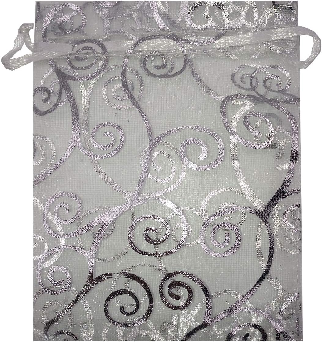 100pcs Sheer Organza Favor Bags For Wedding Baby Shower Rattan Print Gift Bags Samples Display Drawstring Pouches (5x7, silver) - Image 5