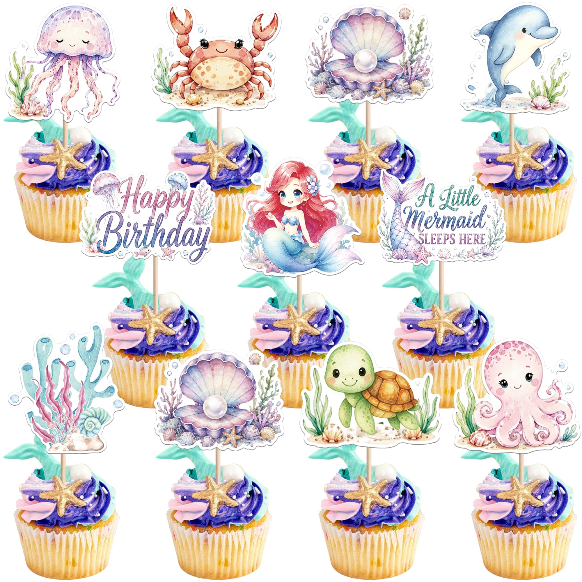 Xsstarmi 40 Pack Under the Sea Theme Cupcake Toppers Shell Turtle Jellyfish Dolphin Mermaid Cupcake Picks for Baby Shower Birthday Party Cake Decorations Supplies
