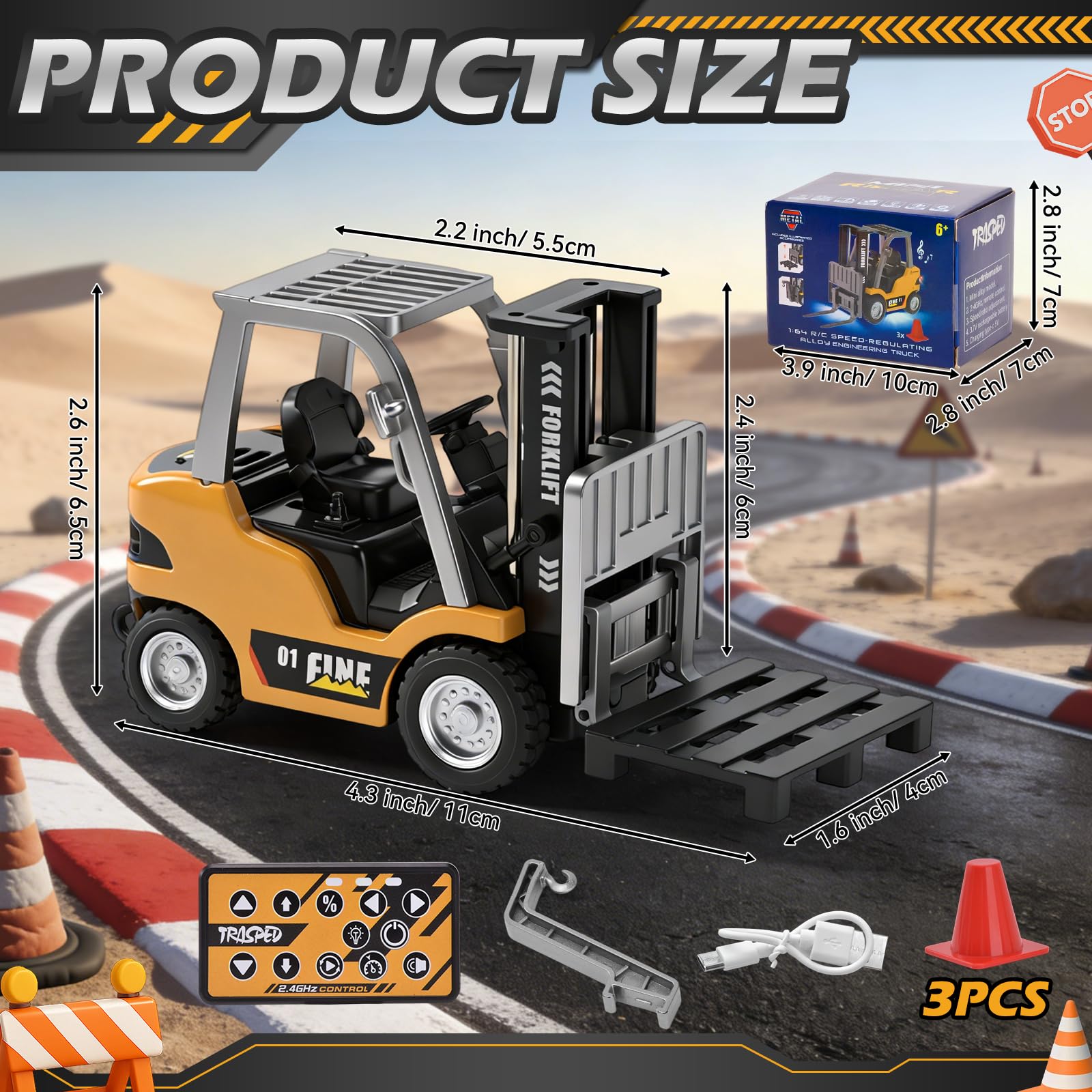 Mini Carretilla Elevadora RC, 1:64 Juguete de Carretilla Elevadora Teledirigida con App y Mando 2,4 GHz, Horquillas y Gancho, Vehículo de Construcción RC con Luces y Sonido - 3