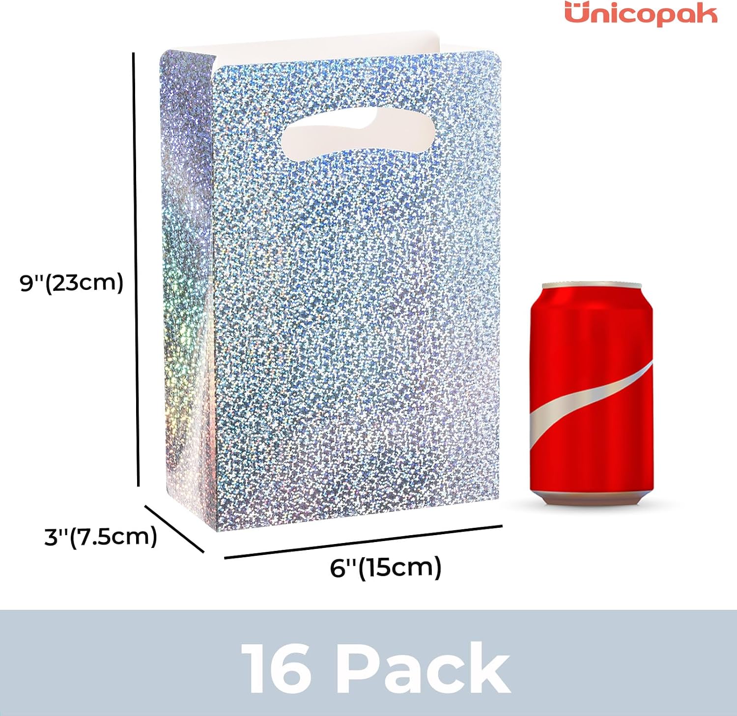 UnicoPak 16 Pack Premium Iridescent Party Favor Bags - 6x3x9 Glitter Goodie Bags for Birthday Party, Wedding - Sturdy Holographic Gift Bags with Auto-lock Bottom, Customizable for Treats & Cookies