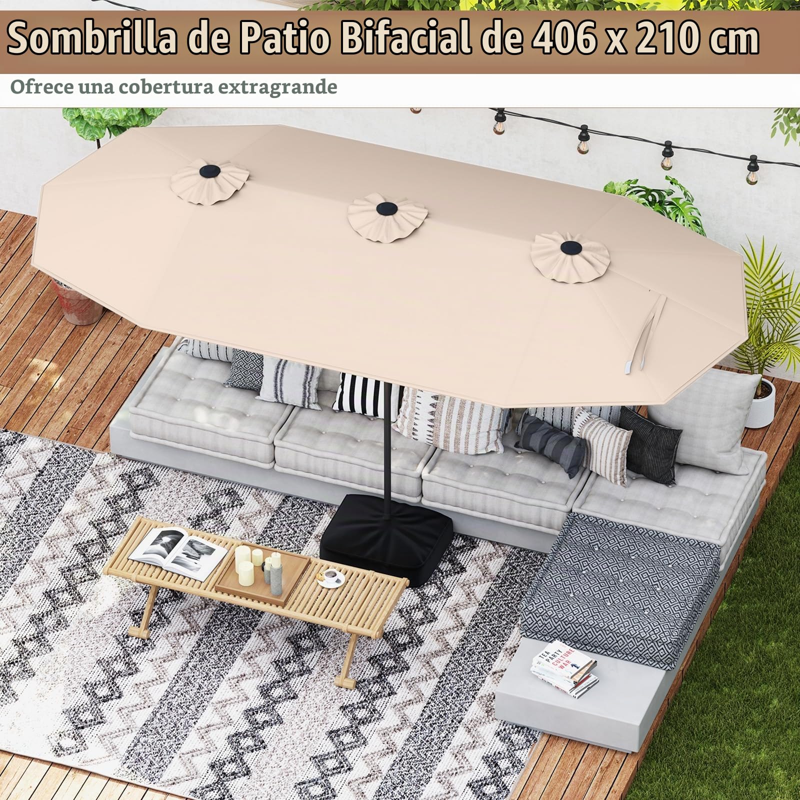 RELAX4LIFE Sombrilla doble de jardín con base de 4 x 2 m, sombrilla parasol con apertura de manivela, tejados ventilados, sombrilla de exterior para patio, patio, restaurante o bar