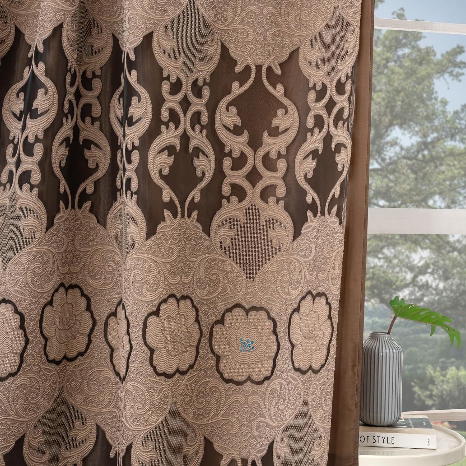 Petrichor Taupe Sheer Jacquard Voile Curtains （54" W x 84" L）, 2 Panels with Attached Valance, Double Layer Floral Cutwork Design with Luxurious Texture,Rod Pocket, for Bedroom & Living Room