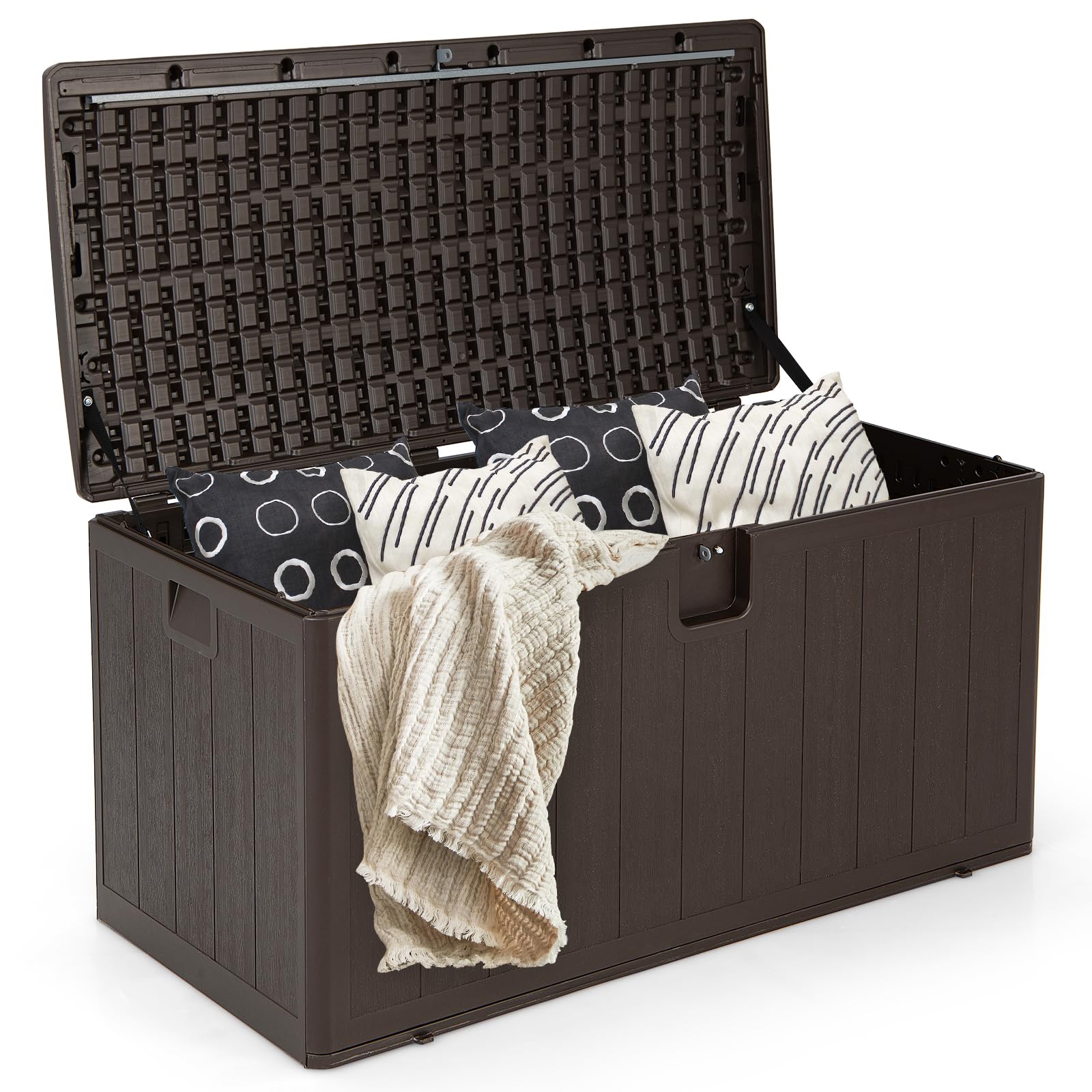 HOMASIS 400L Auflagenbox wetterfest, XXL Gartenbox aus HDPE, abschließbar Aufbewahrungsbox mit Deckel & Griff, Kissenbox Kissentruhe Auflagentruhe Gartentruhe Terrassenbox Outdoor, 128x62x64cm, Braun