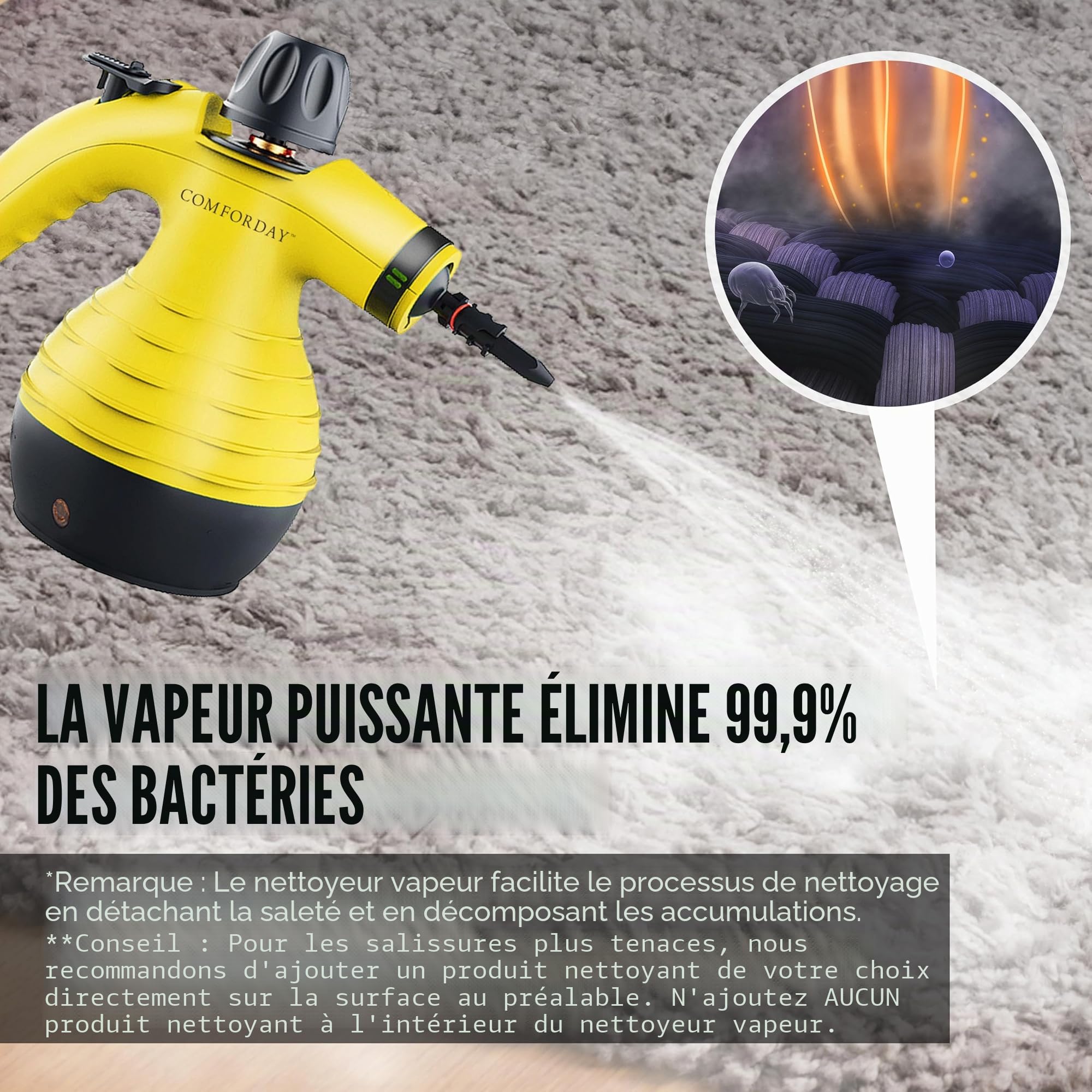 Comforday Nettoyeur Vapeur à Main 9 Accessoires nettoyeur haute pression Multi-usage, pour sols, meuble, voiture, salle de bain, fenêtre, tapis cuisine, steamer cleaner