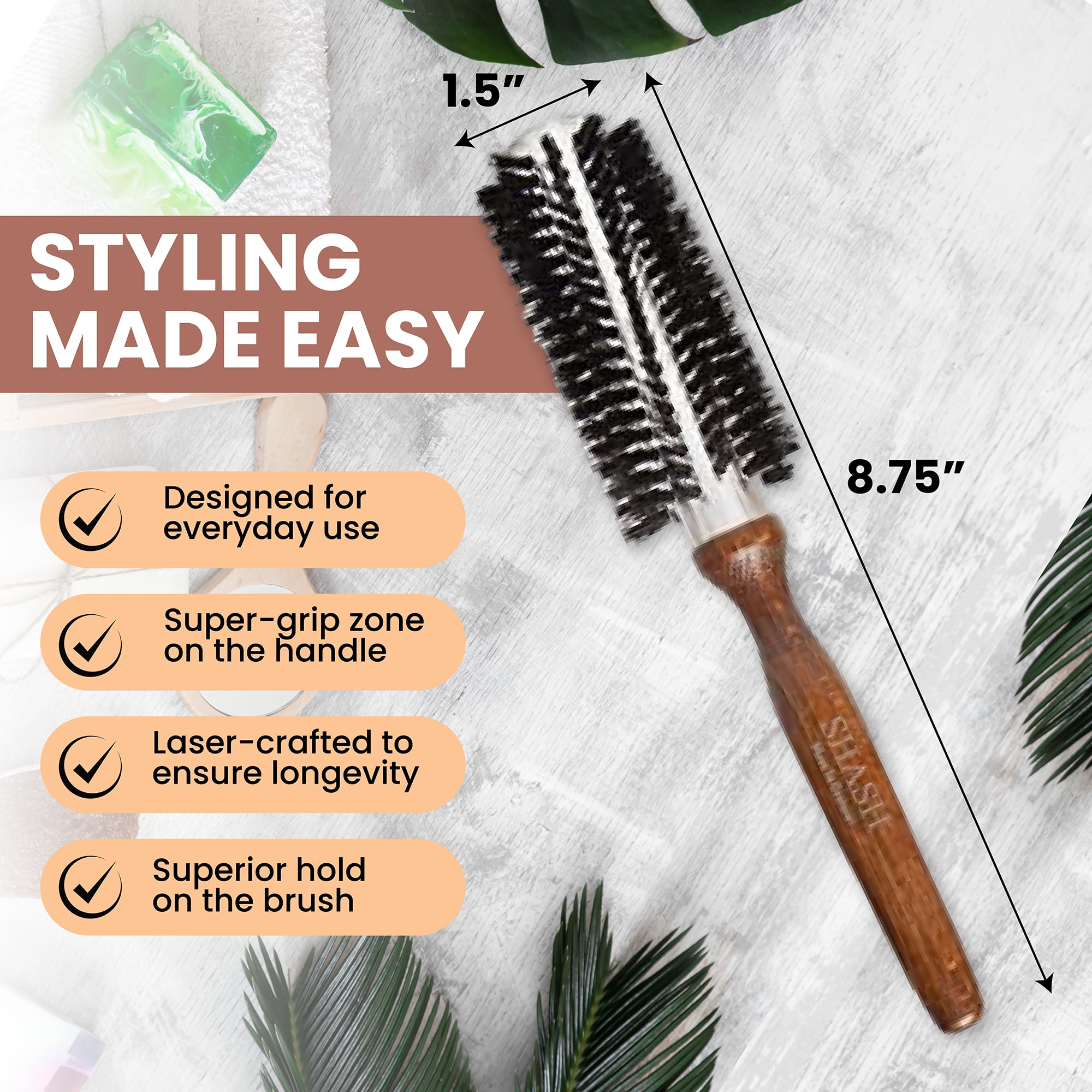 SHASH Desde 1869 Cepillo Redondo Pelo de Jabalí (Pequeño) | Añade Volumen, Combate el Encrespamiento, Promueve Cabello Suave, Madera Ecológica