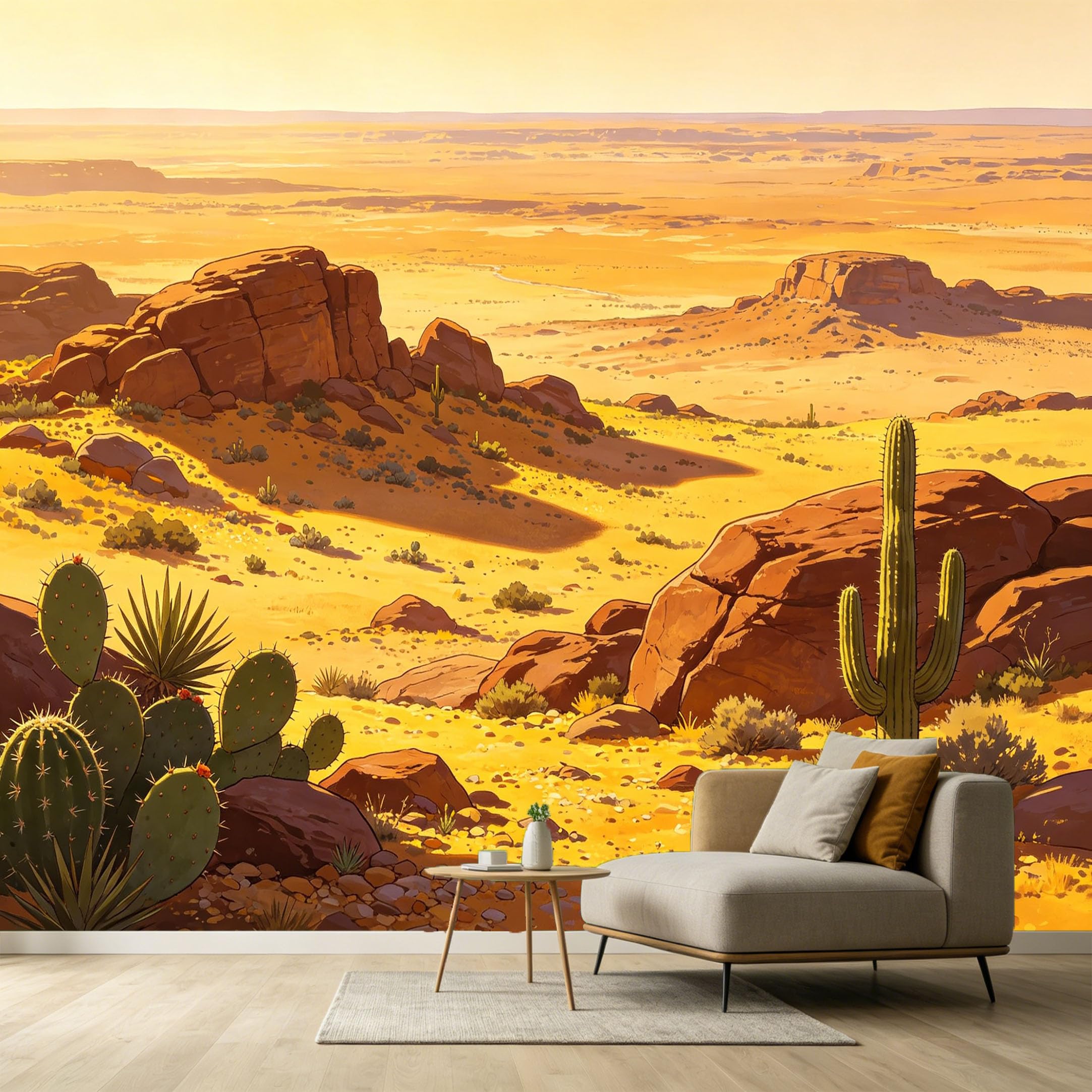 Custom Size Wall Murals Western Desert Landscape Cactus Saguaro Rocks Sunset View SelfAdhesive Wall Fabric Removable Large Wallpaper for Photo Living Room
