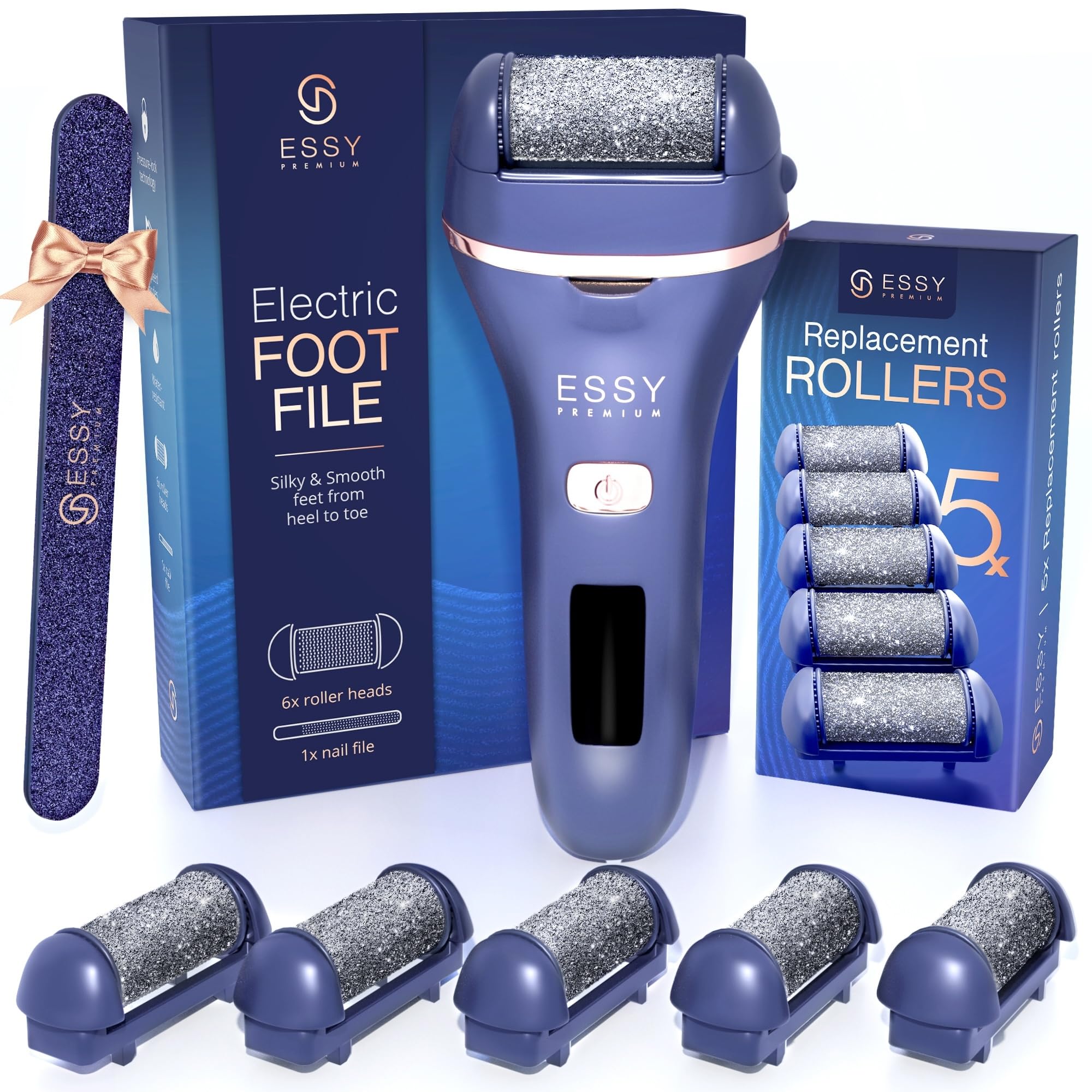 Essy Lima Eléctrica Pies Durezas Exfoliante Callos para Pies Electrico Pedicura Lima Pies Durezas Recargable Profesional Pulidor de Callos Cuidado Talon con 5 Rodillos de Recambio (Navy)
