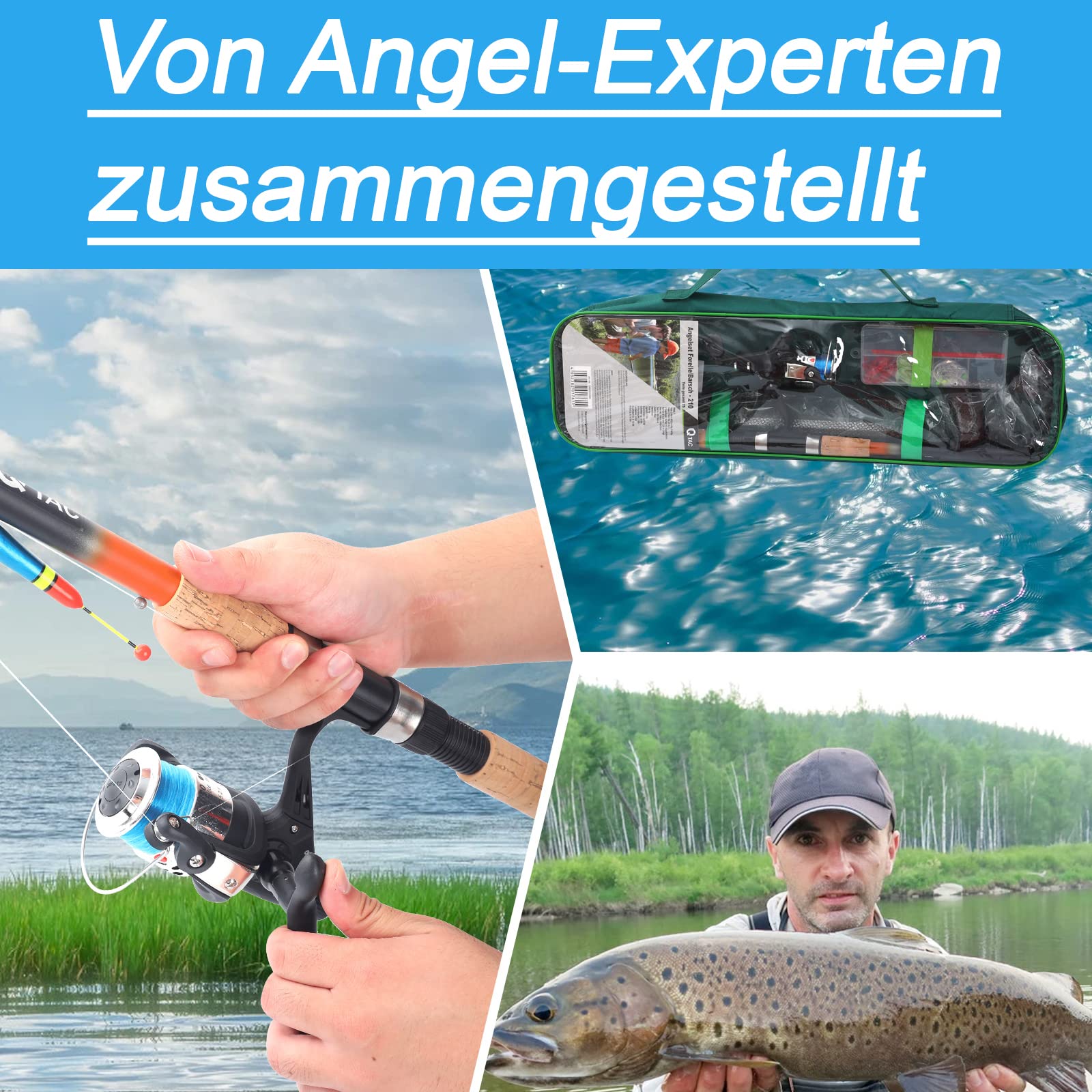 Angelset Forelle/Barsch mit Kescher [Angelfertig montiert & Angelrolle bespult] Länge Teleskoprute 2.10m, Angel Set komplett Profi & Einsteiger, Starter-Set für Forellen Angeln
