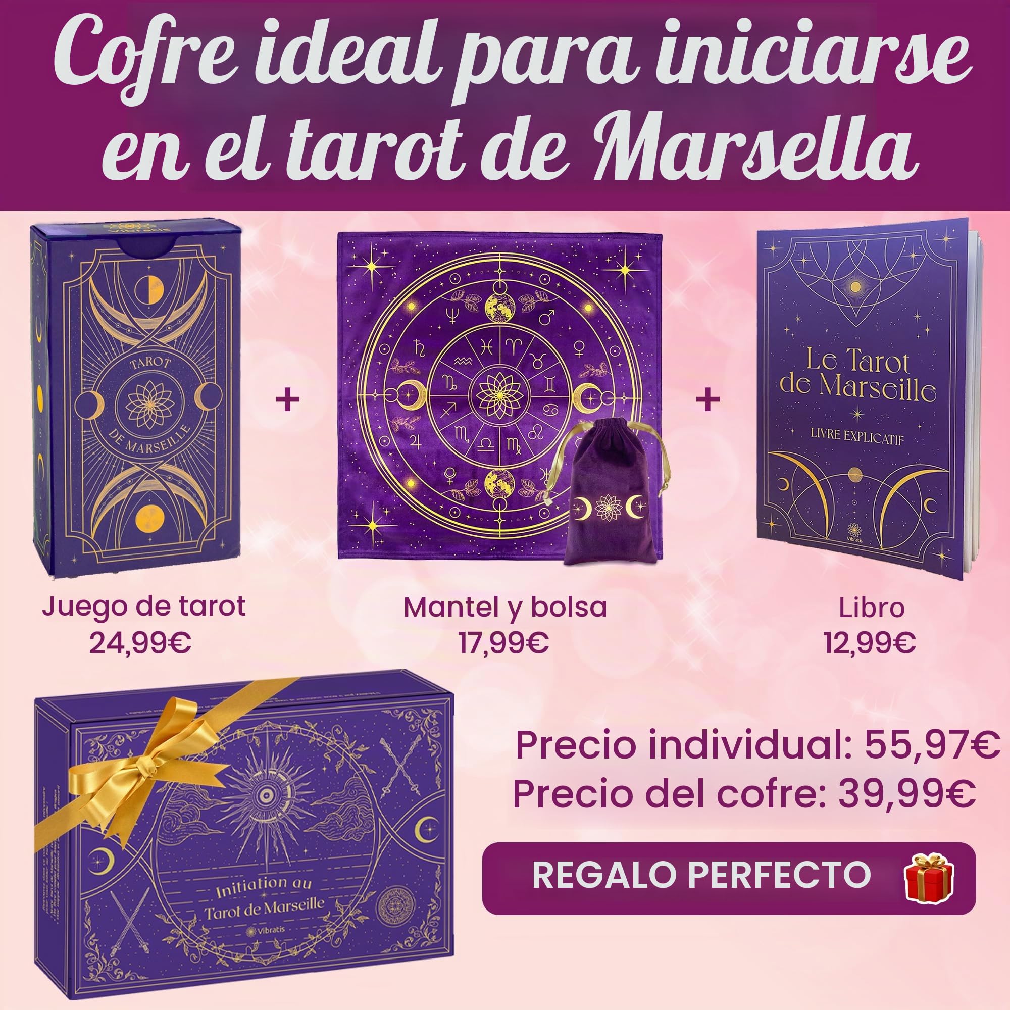 Vibratis Caja de iniciación al Tarot de Marsella: Tarot adivinatorio + Libro de 205 páginas + Mantel adivinatorio y bolsillón. Ideal para Principiantes