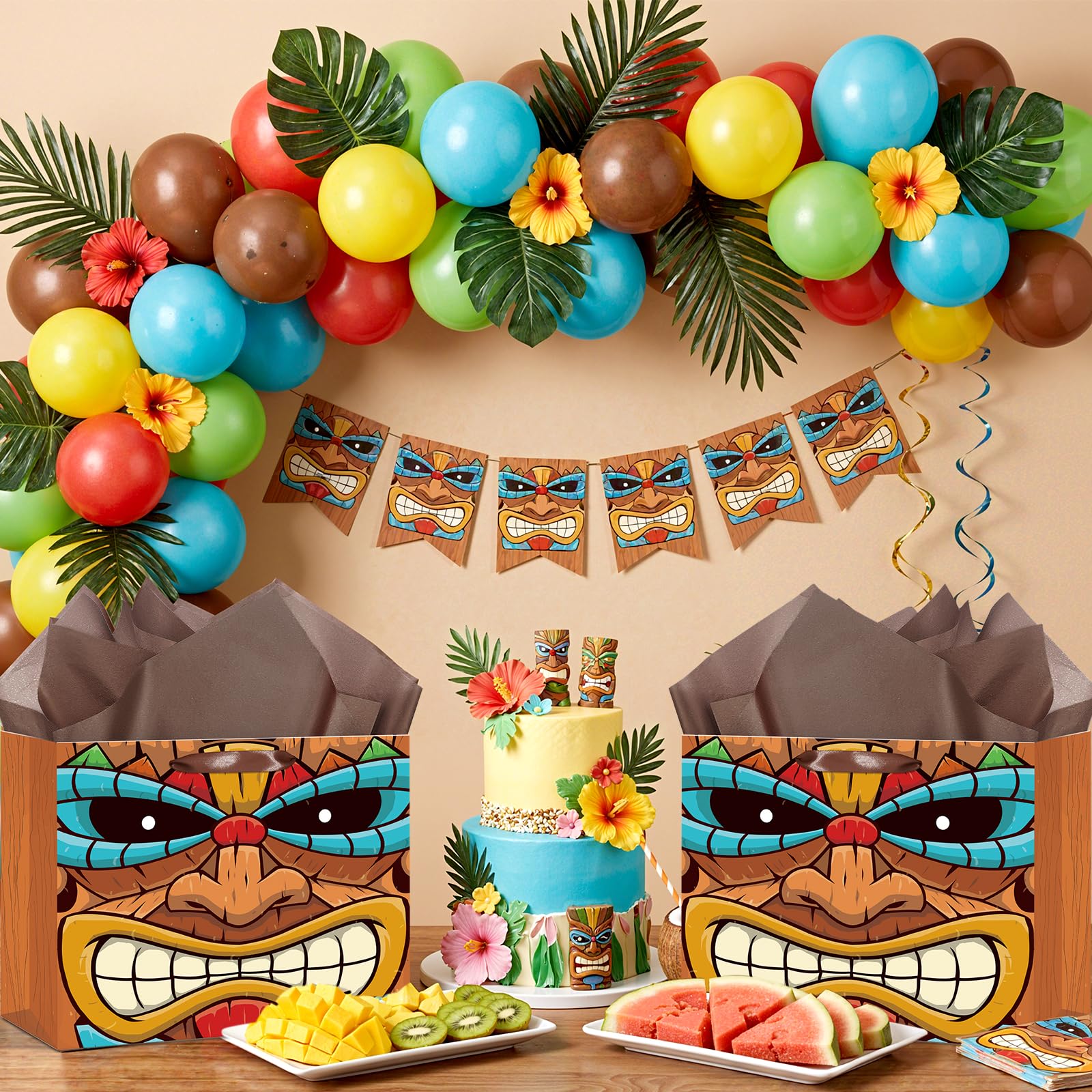 Tiki Gift Bag Brown Hawaiian Wrapping Paper Bag with Tissue Paper and Greeting Card Aloha Luau Party Favors Hawaiian Themed Party Decor for Hawaii Tropical Summer Festival Birthday Party Supplies