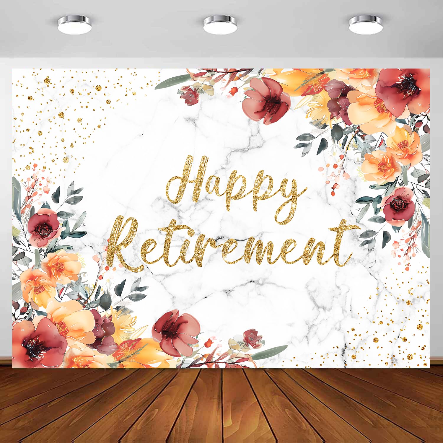Happy Retirement Backdrop for Woman 7 x 5 ft, Golden Glitter Retirement Party Banner Watercolor Flower Background Retire Photo Booth Props