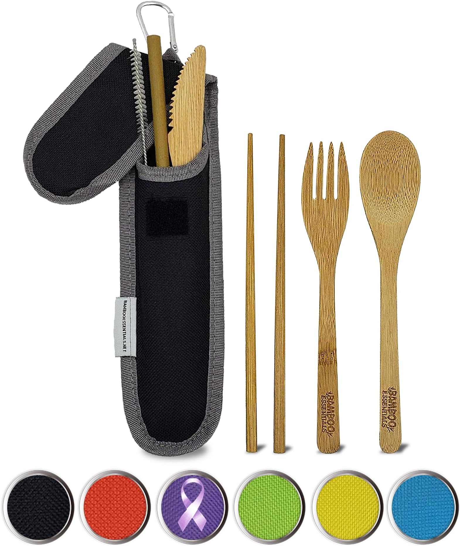 Travel Utensils with Case Set Fork, Knife, Spoon, Chopsticks, Straw, Straw-cleaning brush, Travel Pouch and Carabiner, Excellent For Everyday Use! ((1Set) Midnight Black)