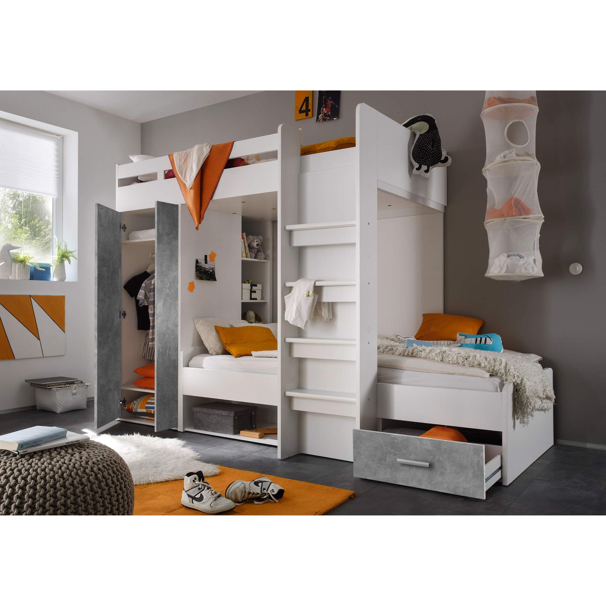 Stella Trading MAXI Hochbett mit Schrank & 2x Liegeflächen 90 x 200 cm - Platzsparendes Kinder Etagenbett in Beton-Optik, weiß - 269 x 180 x 115 cm (B/H/T)