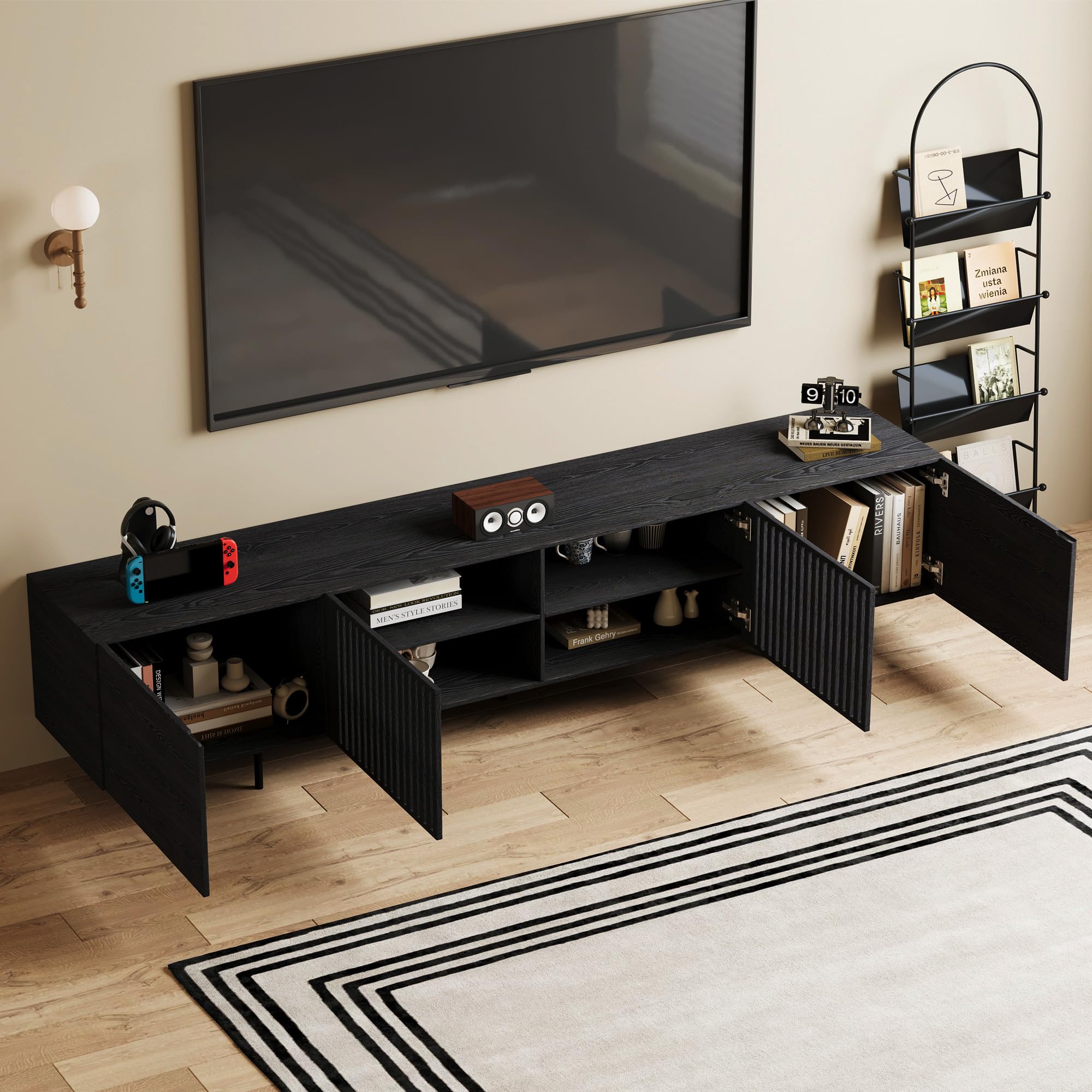 KAANAA TV Schrank 240 cm, Lowboard mit Lamellentüren, Schwarz | 240 cm TV Lowboard, Lamellentüren, großer Stauraum, Holzoptik, für Fernseher bis 75 Zoll, modernes Wohnzimmer Design