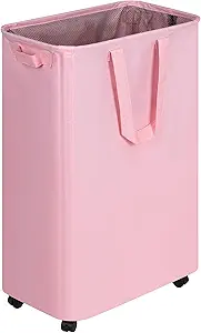 efluky Slim Laundry Hamper with Wheels, Rolling Laundry Basket for Clothes, Small Laundry Basket for Bedroom, Dorm and Laundry Room, 75L (19.8 Gallons) Pink