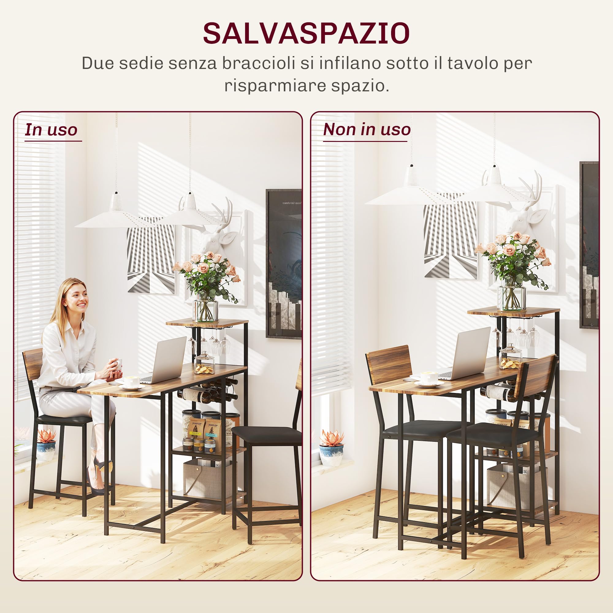 HOMCOM Set da Bar 3 Pezzi con Bancone Bar Pieghevole Allungabile e 2 Sgabelli Alti con Schienale e Poggiapiedi, Portavini e Portacalici Integrati, Stile Industriale, Tavolo Bar per Soggiorno, Marrone