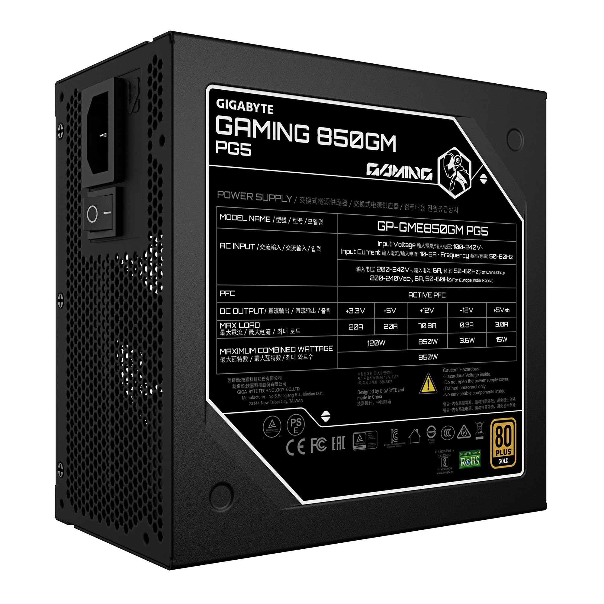 GIGABYTE GAMING 850GM PG5 zasilacz - PCIe 5.1, 80 PLUS Gold, w pełni modułowa konstrukcja, wentylator 135 mm, kompatybilny z ATX 3.1, wtyczka EU