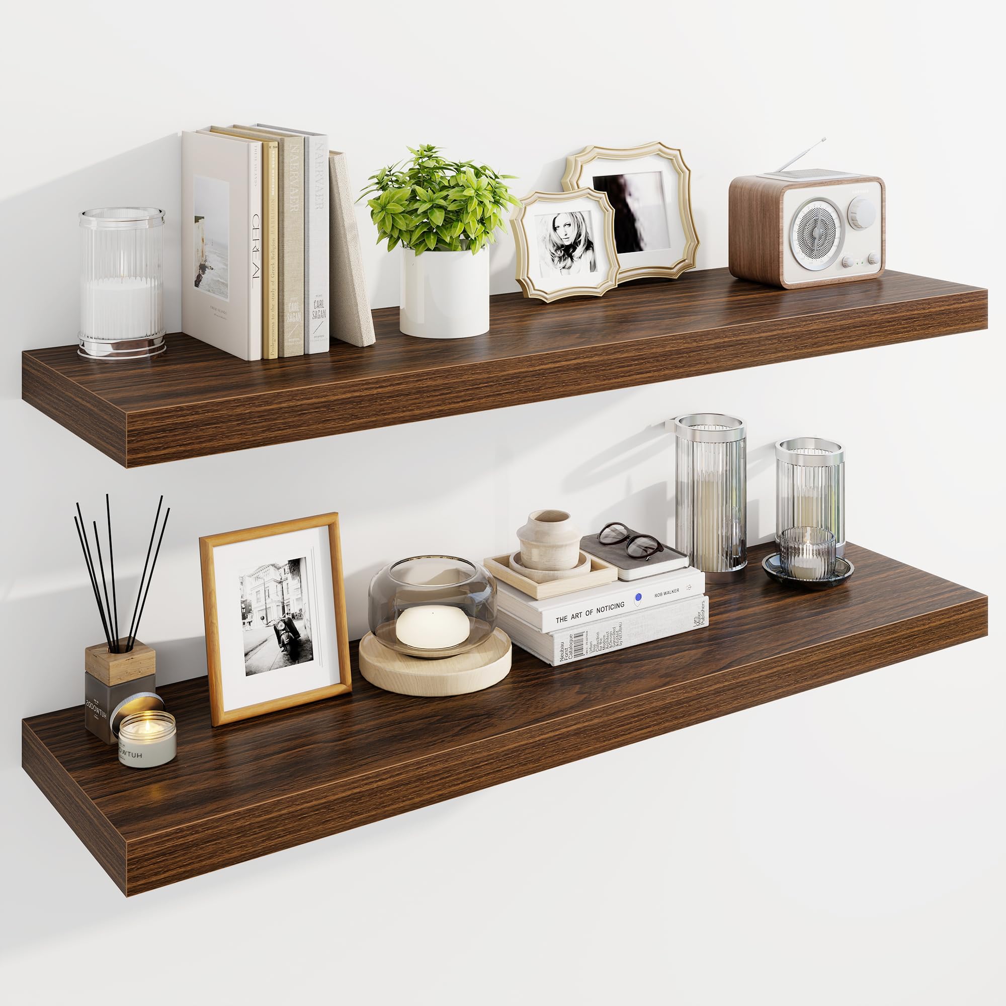 Marsmiles 100cm Floating Shelves for Wall, Wooden Shelves with Invisible Brackets Set of 2, Rustic Farmhouse Wall Mounted Shelf for Kitchen Bathroom Living Room Study, Walnut โ image 1
