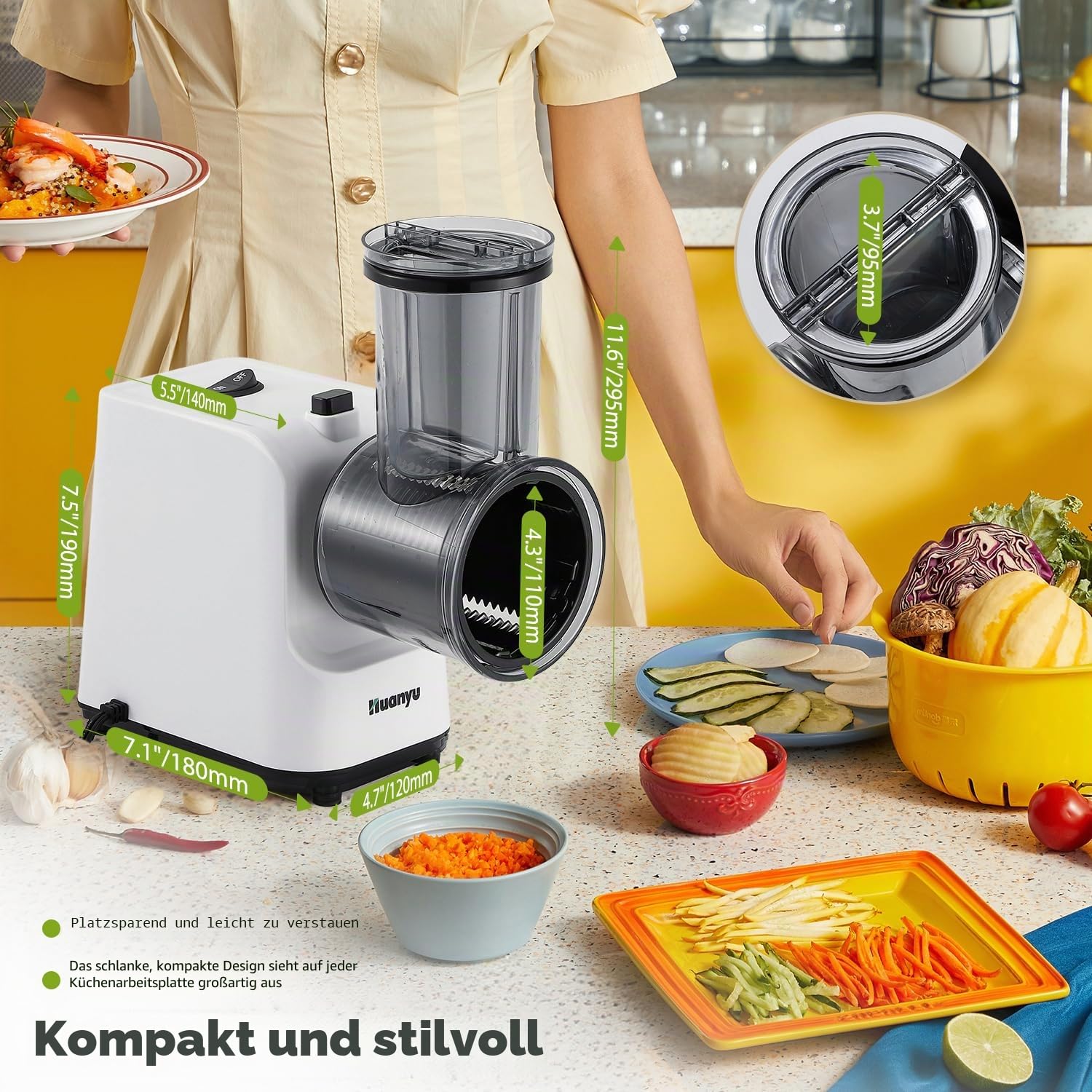 Huanyu Elektrische Käsereibe Multifunktionaler elektrischer Gemüseschneider mit 5 Klingen 250W Elektrischer Salatmacher und Fleischwolf Elektrische Reibe für Obst, Gemüse und Käse (Weiß)