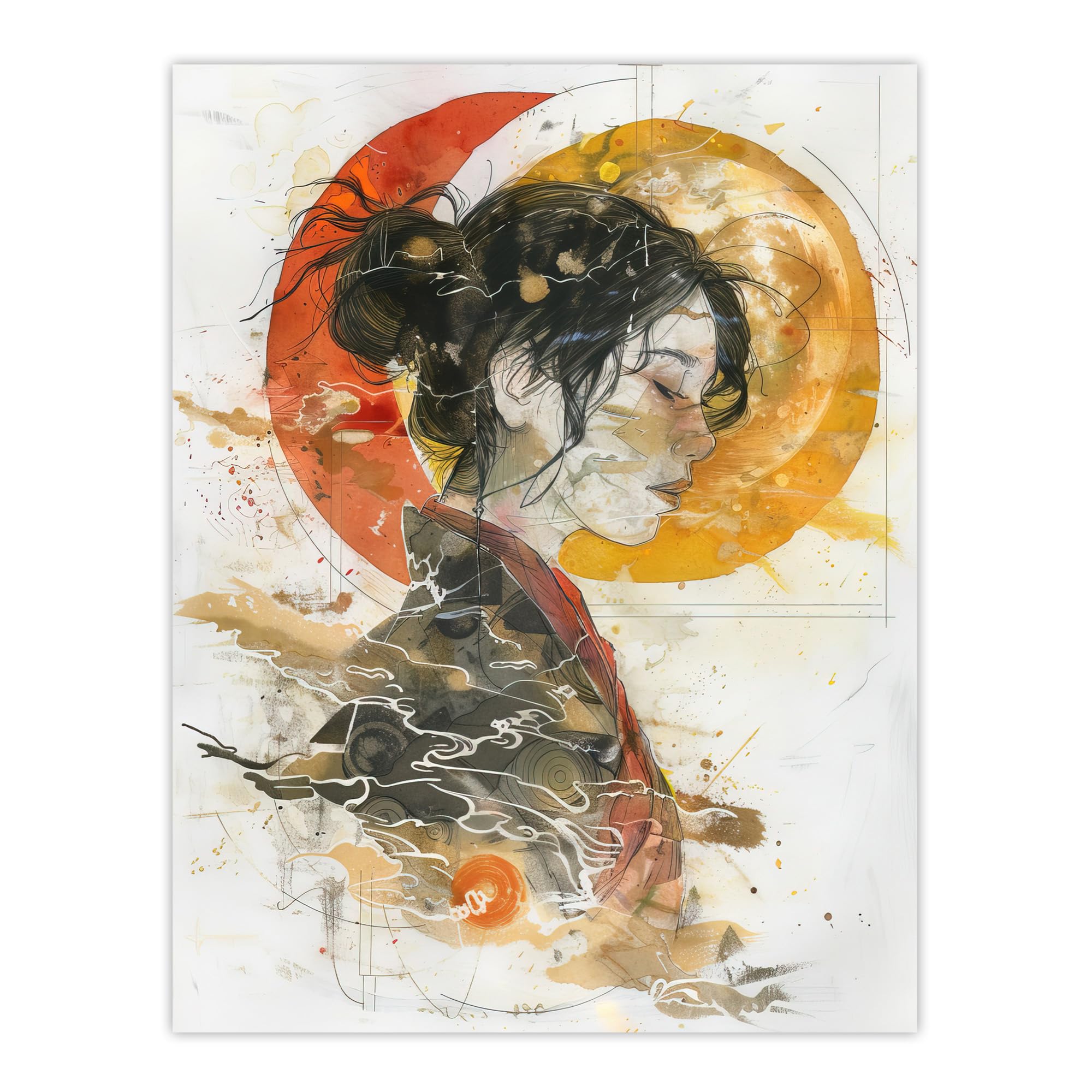 Artery8 Otaku Female Samurai Watercolour Portrait Living Room Extra Large XL Wall Art Poster Print