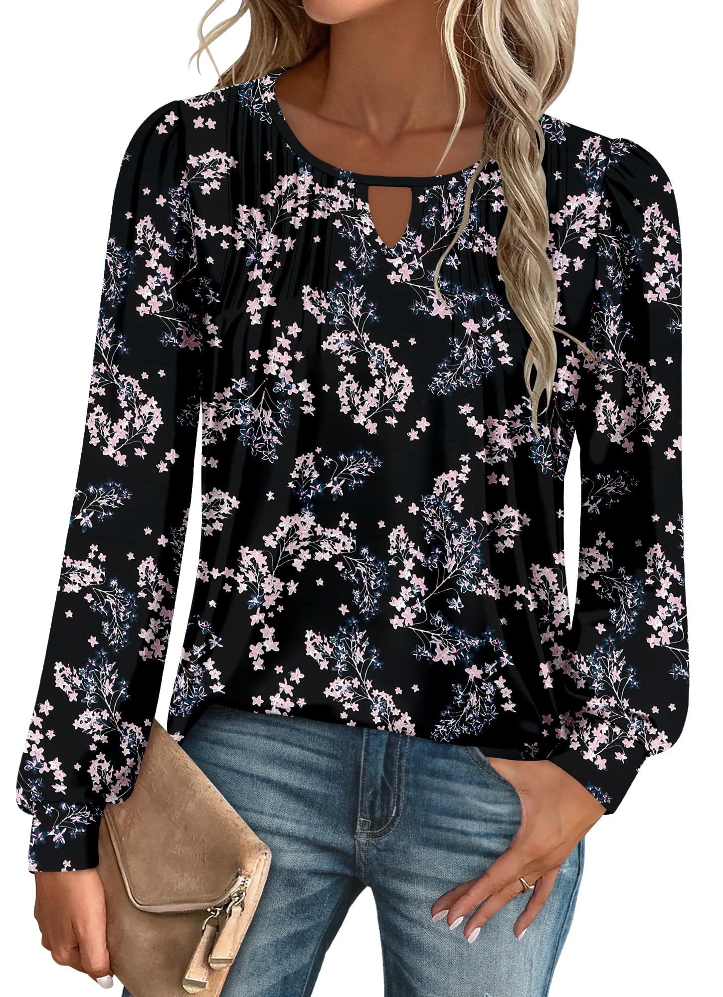 onlypuff Womens Long Sleeve T-Shirt V Neck Tunic Tops Pleated Blouse Shirts S-3XL