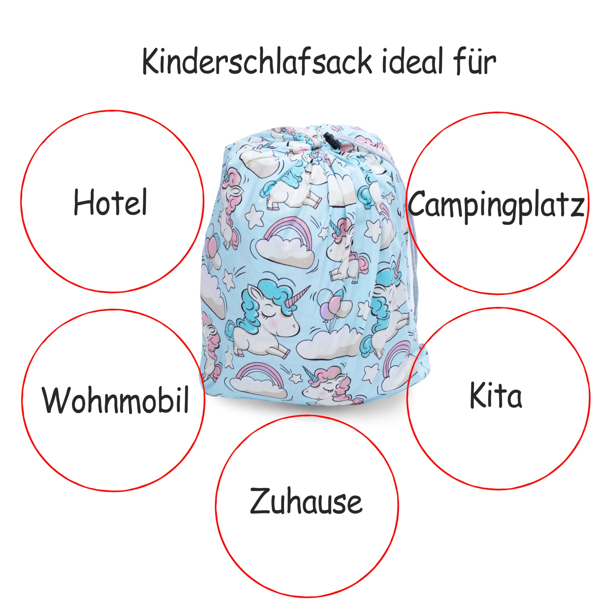 PinkZebra Schlafsack Kinder 140x75 cm mit Kissenbezug 60x40 cm & Beutel, Öko-Tex, Einhorn