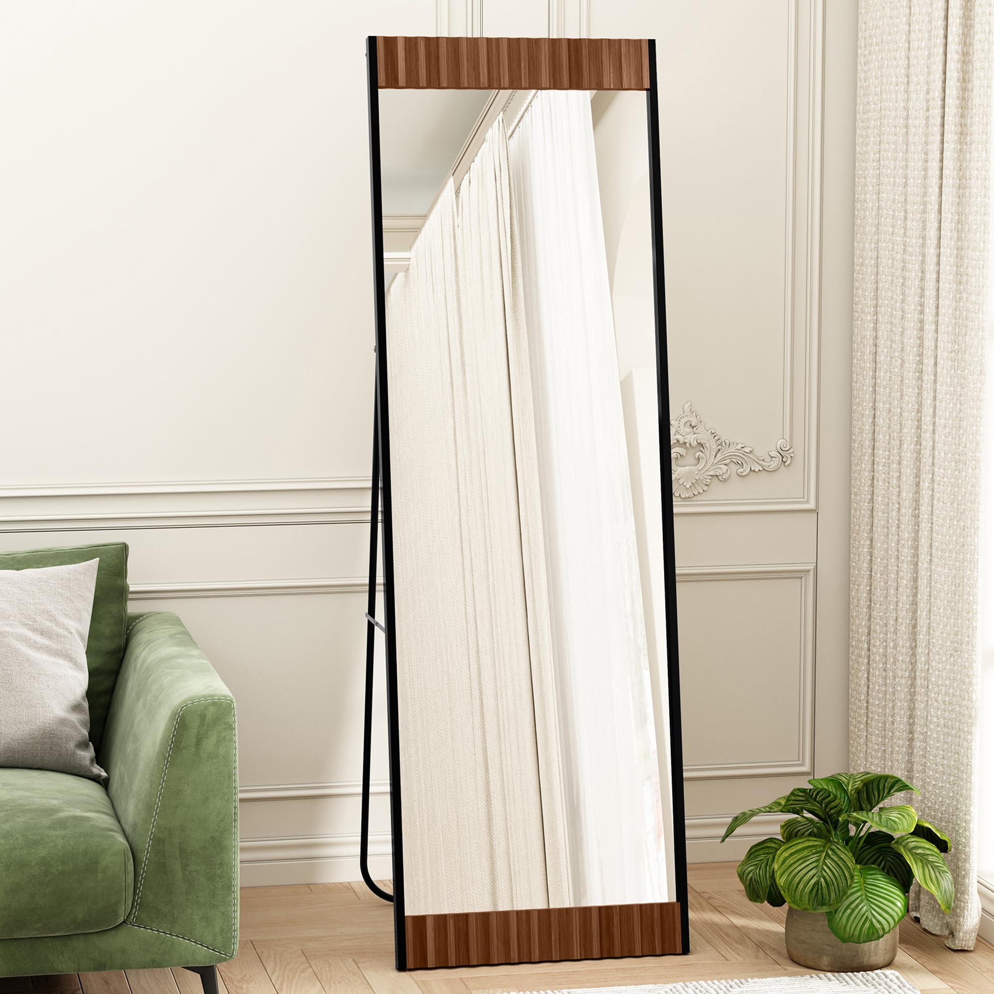 Full Length Mirror with Stand, 65"x21" Full Body Floor Mirror Rectangle Wooden Metal Frame Wall Mirror Full Length with Fluted Texture for Living Room Bedroom Entryway, Brown