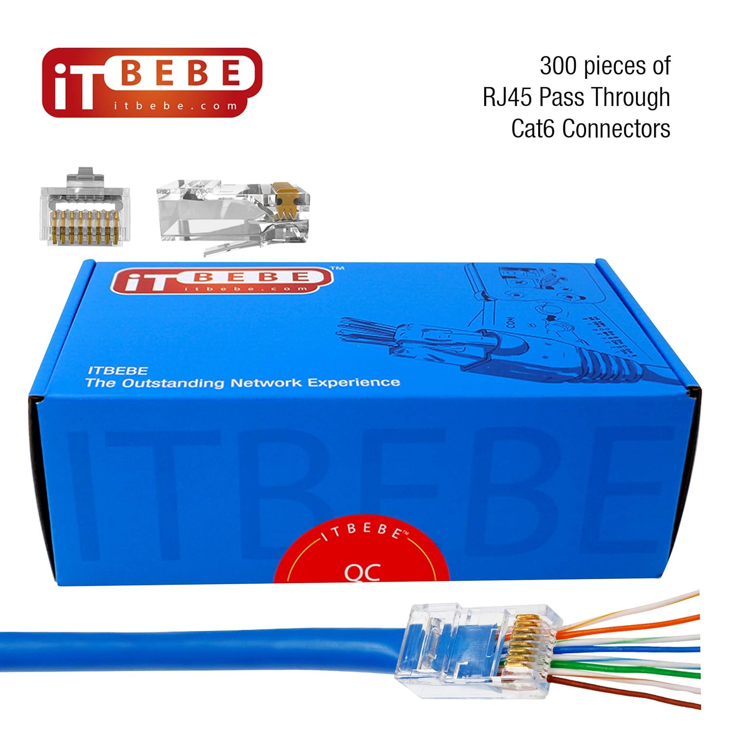 ITBEBE 300-Pack RJ45 Cat6 Pass Through Connectors for 24 AWG Ethernet Cable – Gold-Plated 8P8C Ends for Cat6 Patch Cords, Network Installations, and Crimping Tools