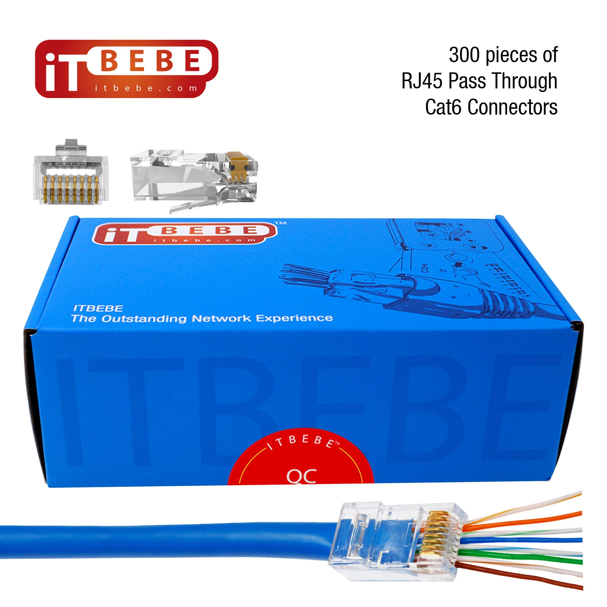 ITBEBE Lot de 300 connecteurs RJ45 Cat6 pour câble Ethernet 24 AWG – Extrémités 8P8C plaquées or pour cordons de brassage Cat6, installations réseau et outils de sertissage