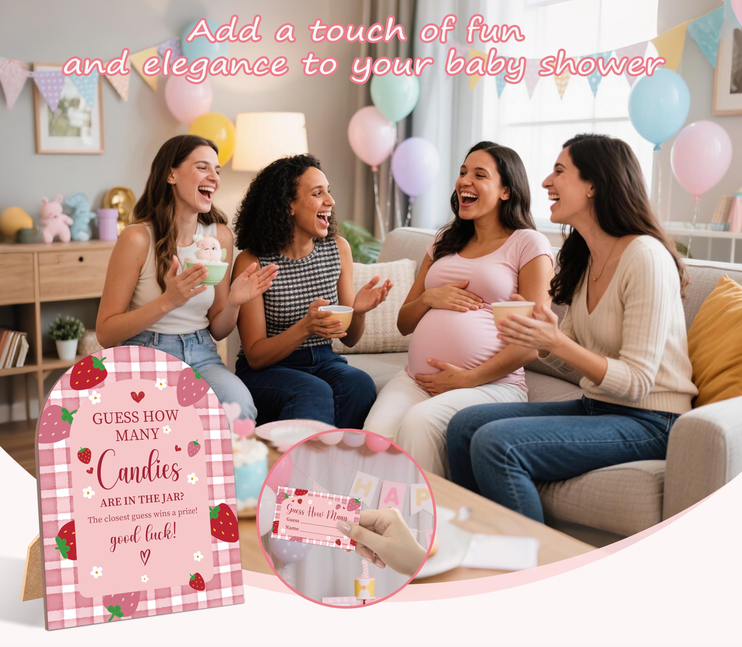 Juego de 51 piezas de fresa Cuántos dulces están en el tarro, juego de baby shower, letrero de madera de arco de 6 x 8 pulgadas con soporte y 50 tarjetas de adivinación, decoración de fiesta neutral