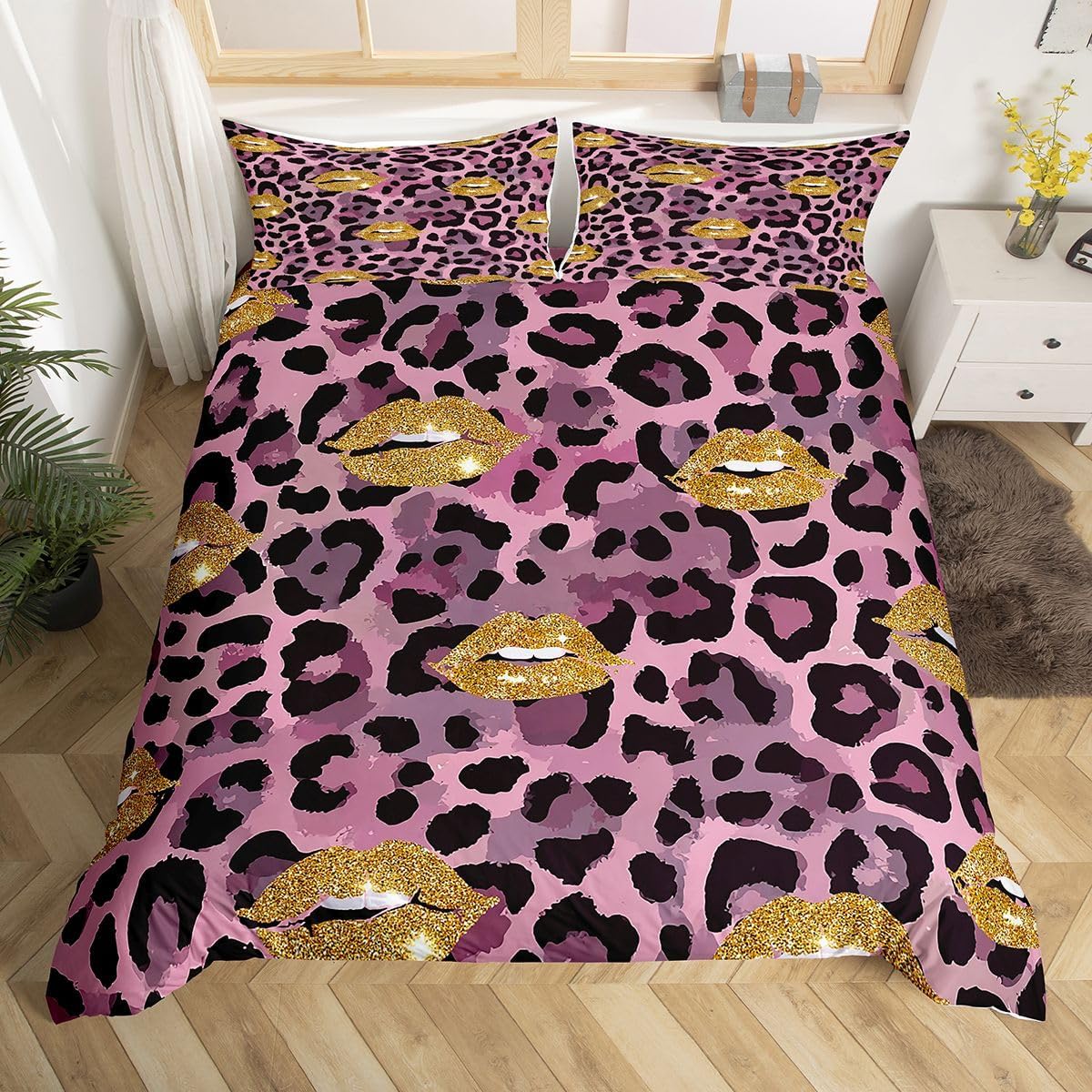 Erosebridal Sexy Golden Lips Duvet Cover Full,Purple Black Cheetah Leopard Print Comforter Cover for Teens Adult,Glitter 3D Mouth Print Bedding,Grunge Tie Dyed Bedspread Cover with 2 Pillow Cases