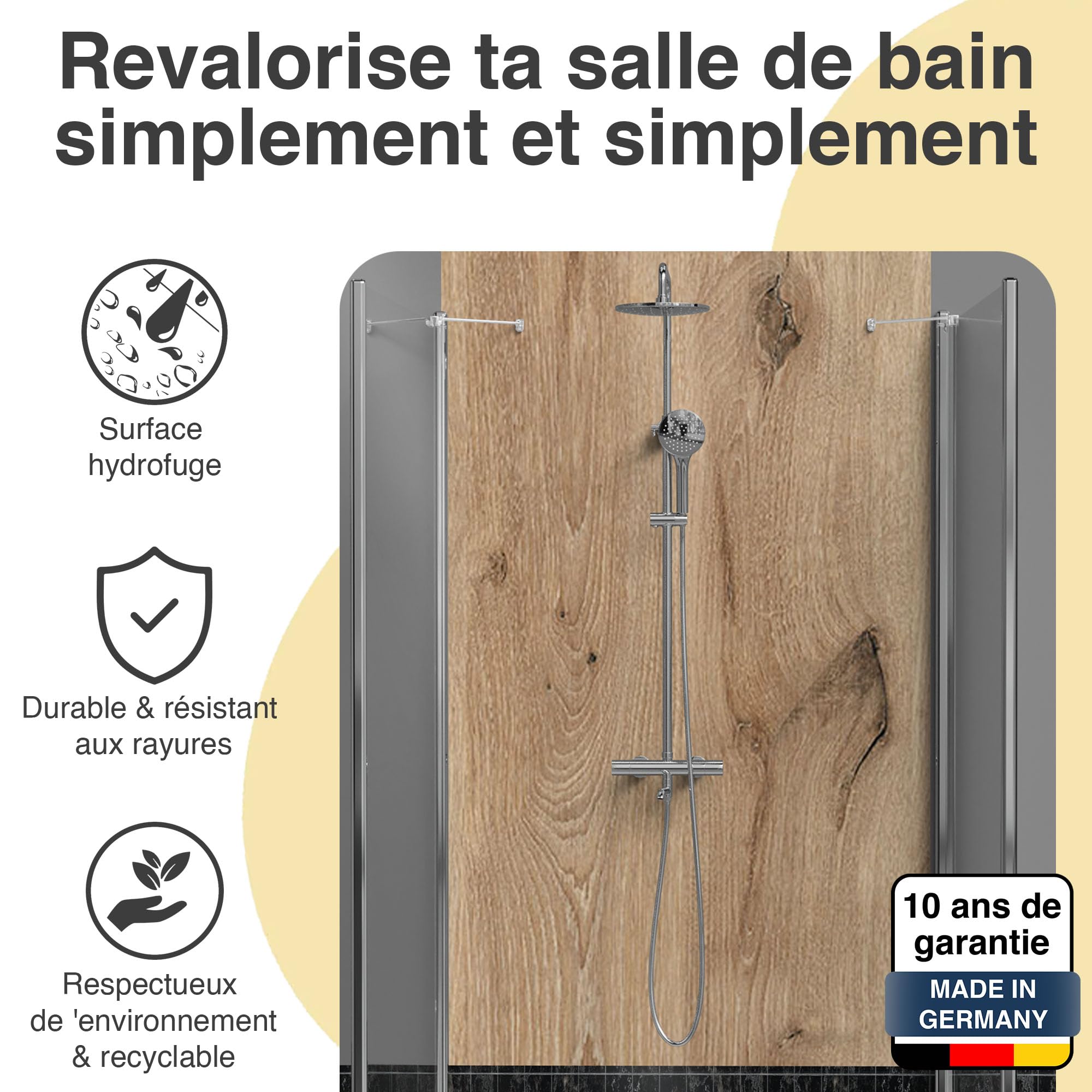 WALLando Panneau mural de douche (Chêne Forêt Noire clair/250x100cm) – Panneau en PVC facile à installer & résistant à l'humidité – Revêtement mural premium – Fabriqué en Allemagne