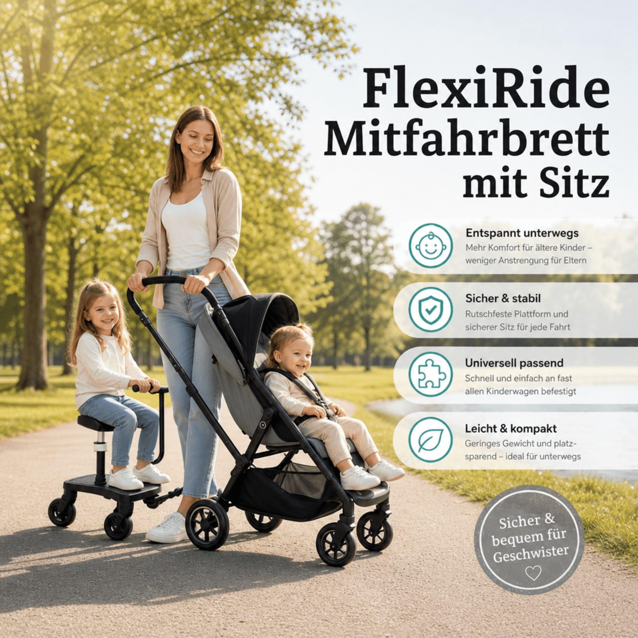 Fillikid FlexiRide Exklusiv Mitfahrbrett mit Sitz | Universal Kinderwagen Board mit Abnehmbarem Sitz | Rutschfestes Buggy Board mit Federung | Verstellbar & Klappbar | bis 22kg