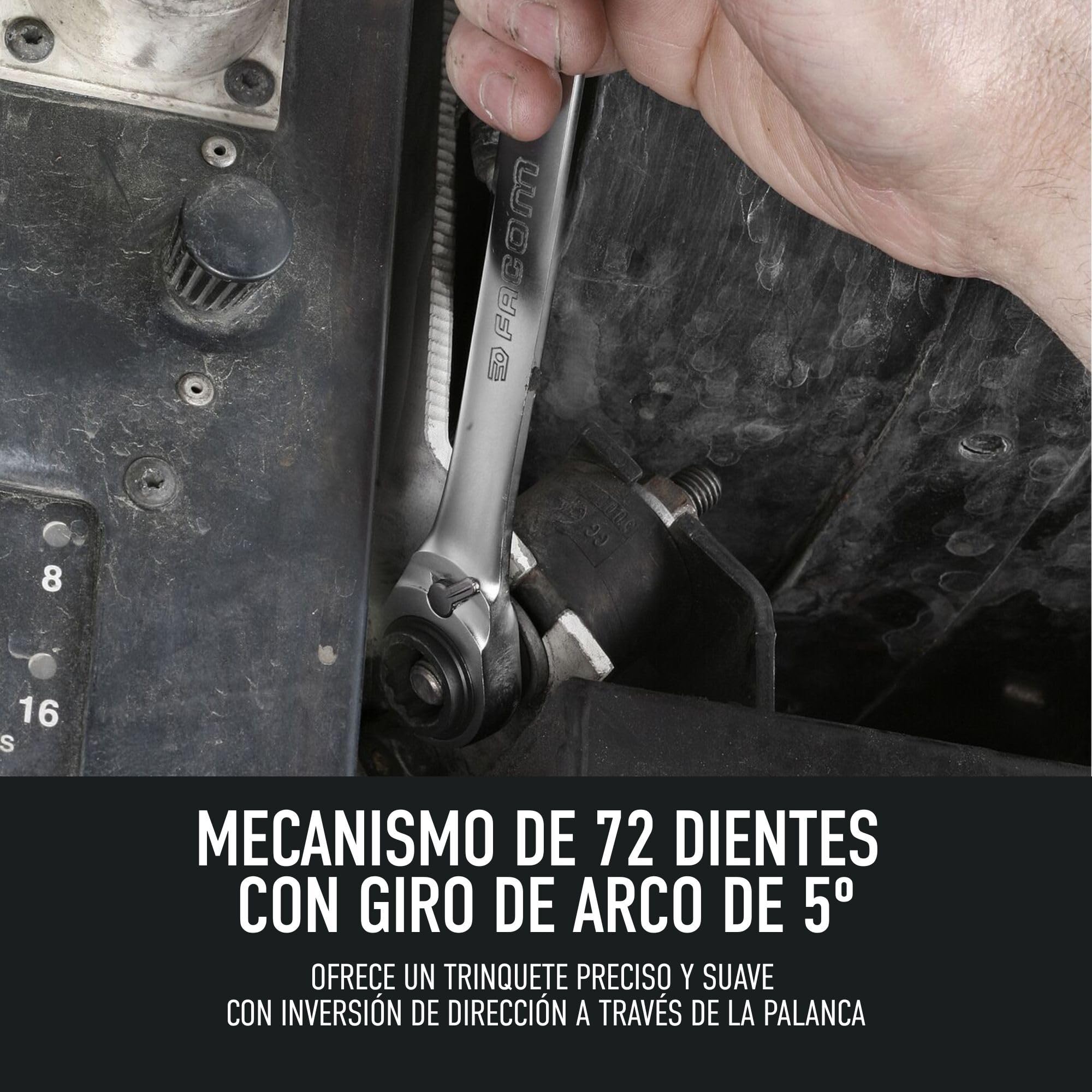 FACOM Juego de Llaves de Carraca Estrella Plana, 8 Dimensiones (8x10, 12x13, 16x17, 18x19 mm), Trinquete Compacto y Reversible, Ángulo de Recuperación 5°, Cromado Satinado, 64C.J2PB