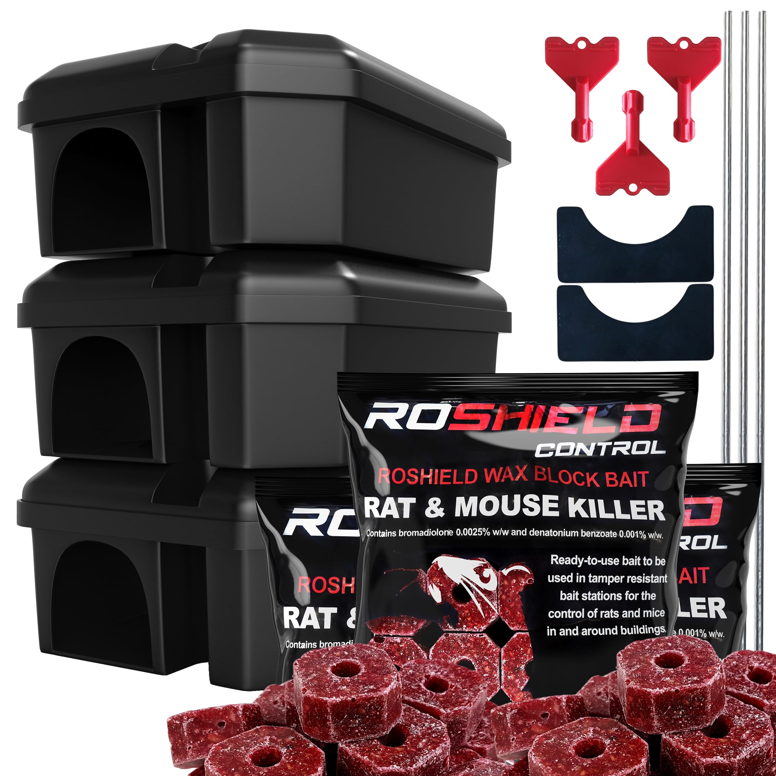 ROSHIELD External Tamper Proof Rodent Boxes & Wax Bait Rat Killer Poison Block Kit (3 Boxes & 300g Blocks)