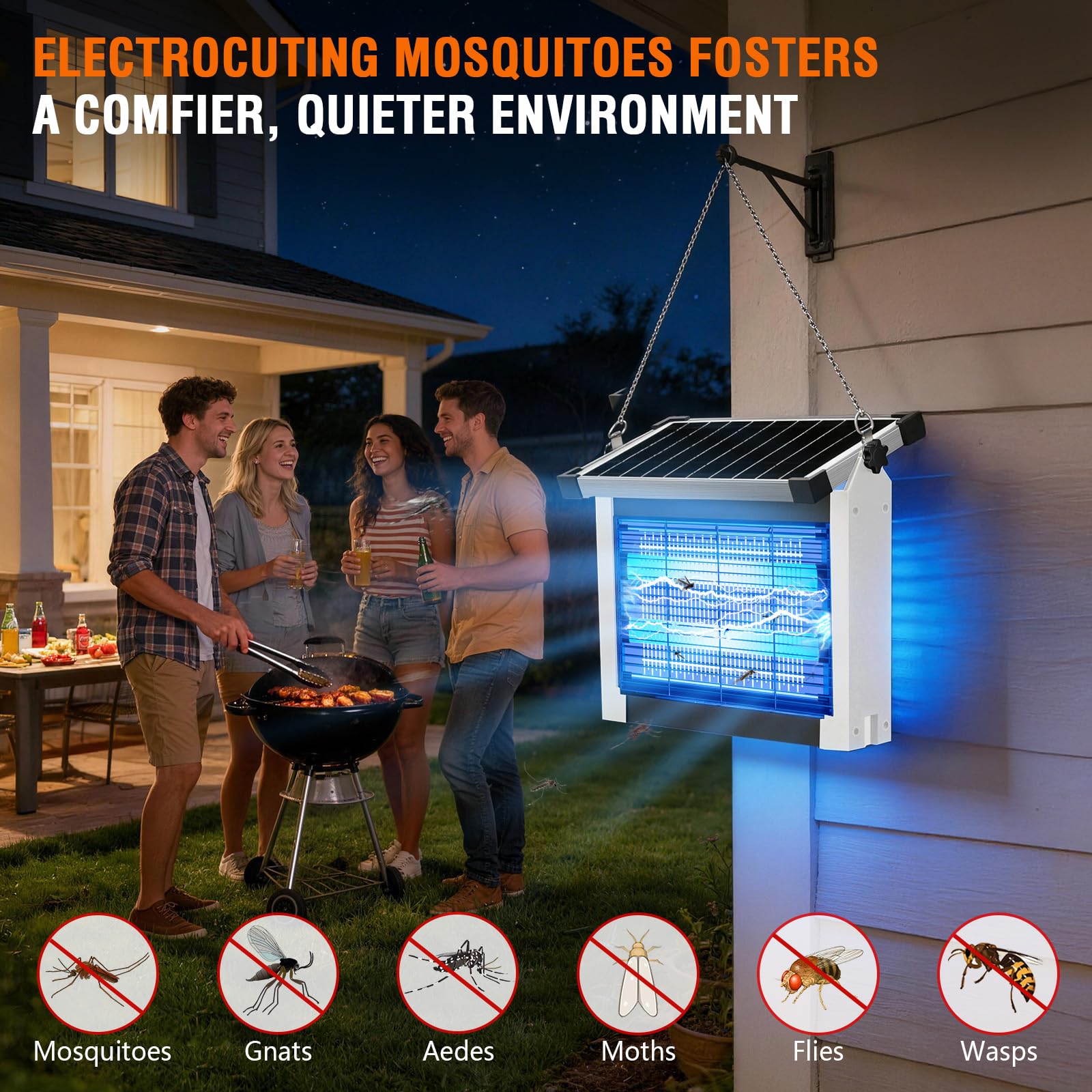 Solar Bug Zapper Outdoor, 4500V Wiederaufladbarer Wasserdichter Mückenvernichter mit Solarpanel Sensor, Elektrische Fliegenfalle, 3.0 m Kabel, Kabelloser Insektenvernichter für Terrasse Hof