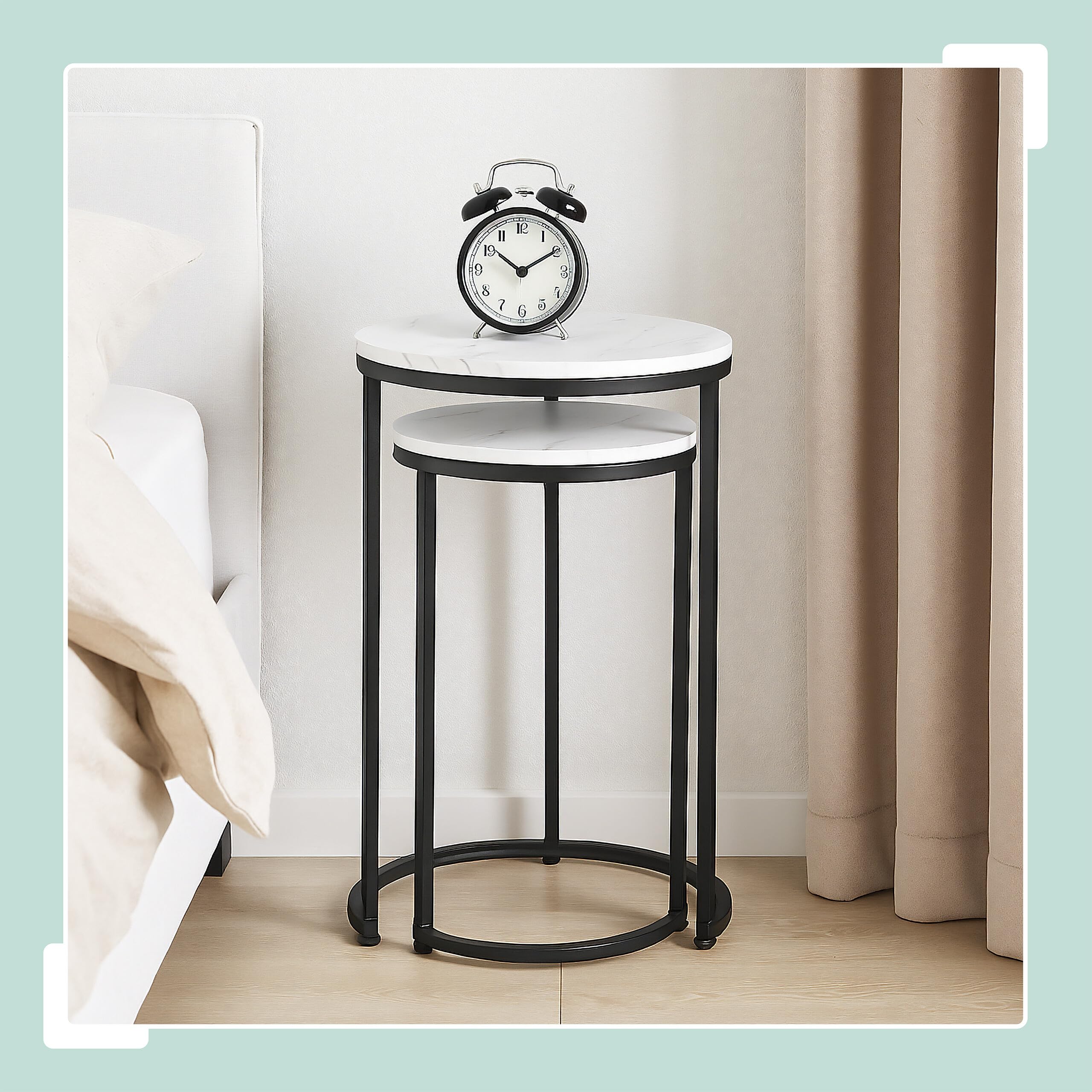 Relaxdays Tavolini da Salotto, Set da 2 Tavoli Bassi da caffè da Divano, Comodini Rotondi Effetto Marmo, Nero Bianco