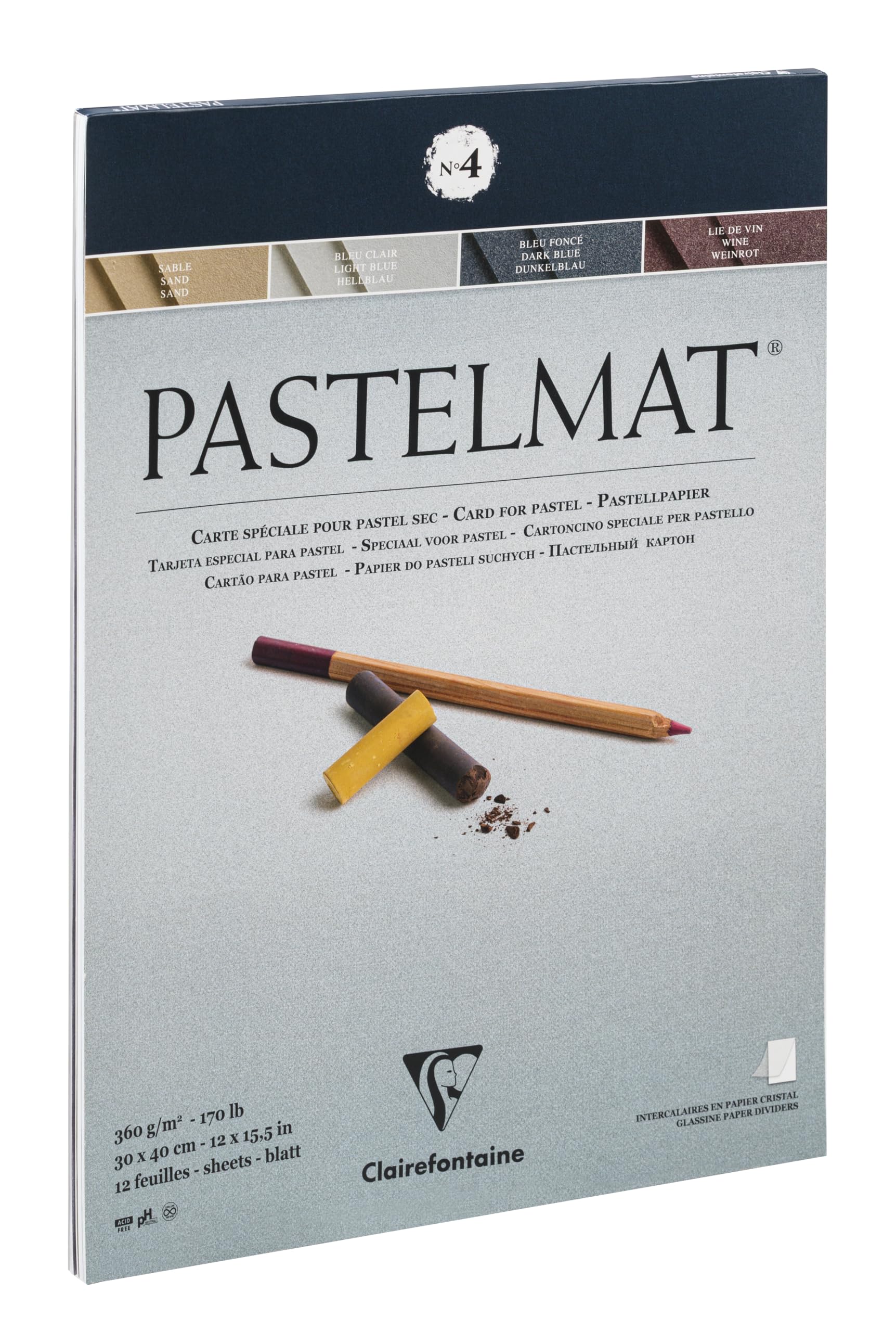 Clairefontaine - Ref 96112C - Pastelmat Pastel Card Pad No.4 (12 Sheets) - 360gsm Card - 30 x 40cm - Assorted Colours - Specially Formulated For Use With Pastels