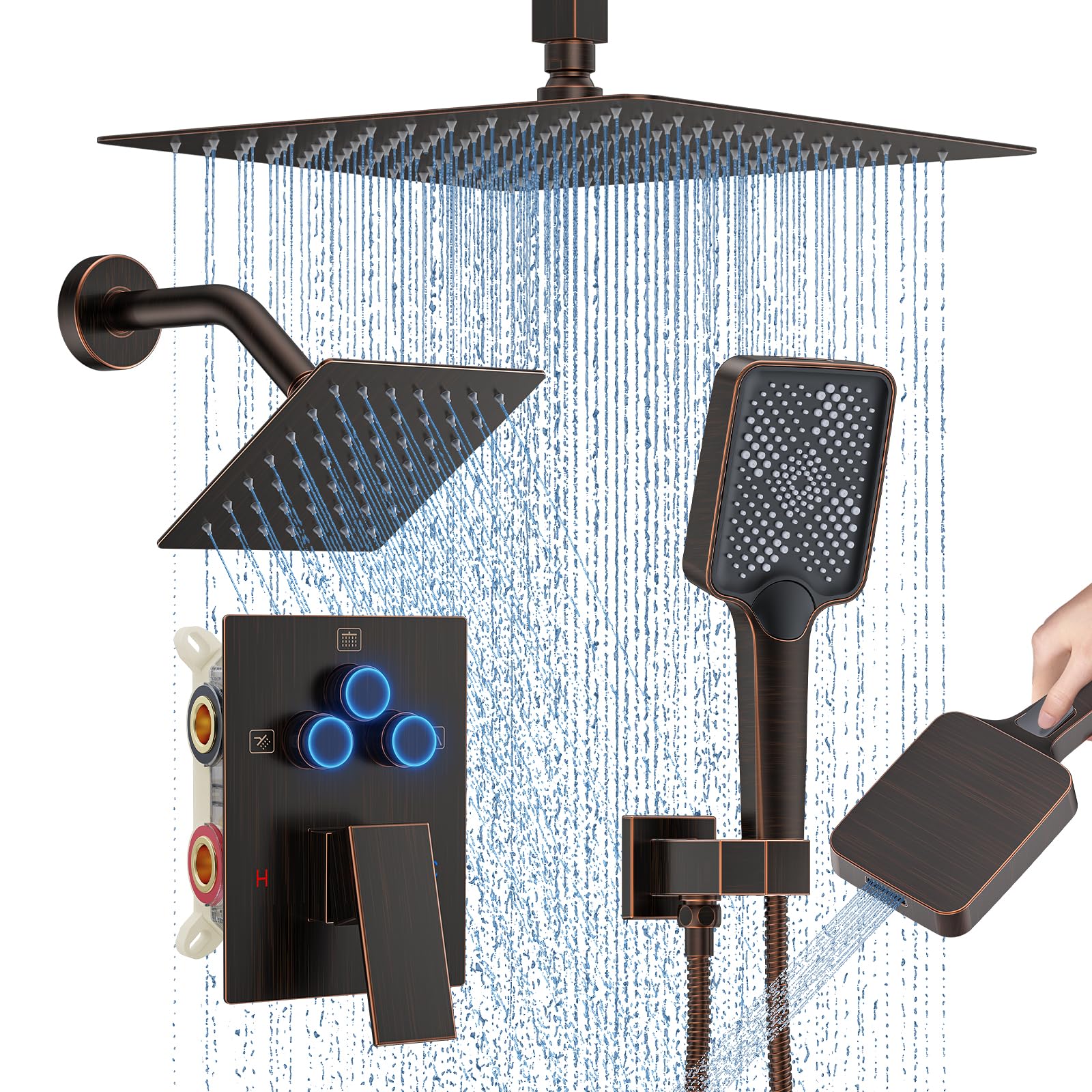 Shower Faucet Set, 12" Ceiling Mount Rainfall Shower System with 2 Rain Shower Head and Multi-function Handheld Head Push Button Diverter Shower Faucet Trim Kit (12", Oil Rubbed Bronze)