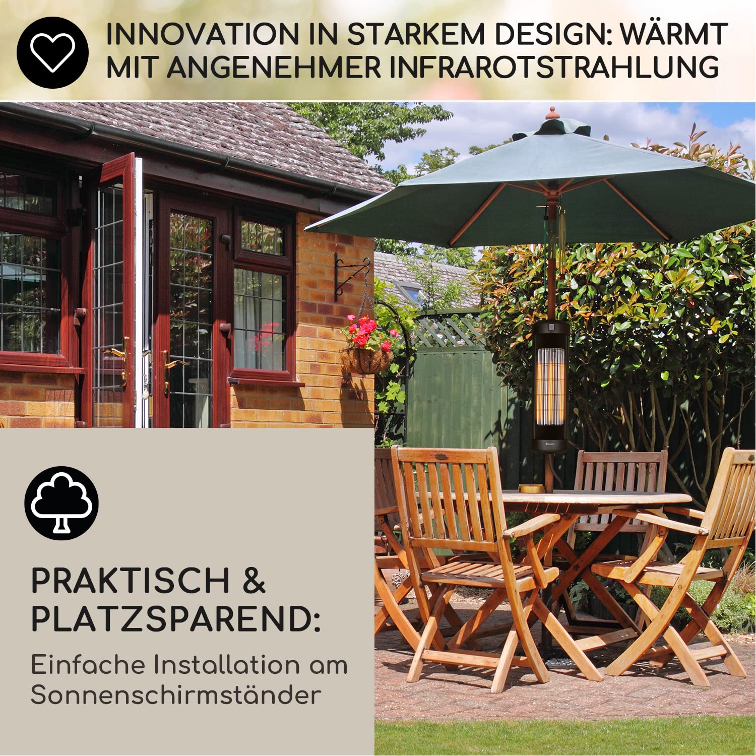 Klarstein Heizstrahler, Elektrische Heizung für Terrasse, Outdoor Infrarotstrahler, Befestigung an Gartenschirm, IP54 Infrarot Heizstrahler, CO2-Freie, Energieeffiziente Elektro Heizung 2000 Watt