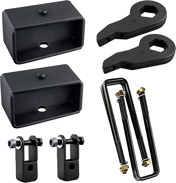 EVIL ENERGY 1-3" Front and 3" Rear Leveling Lift Kit Compatible With 1999-2007 Chevy Silverado 1500 GMC Sierra 1500 4WD, Suspension Strut Spacers, Torsion Bar Keys with Shock Extenders Brackets Black