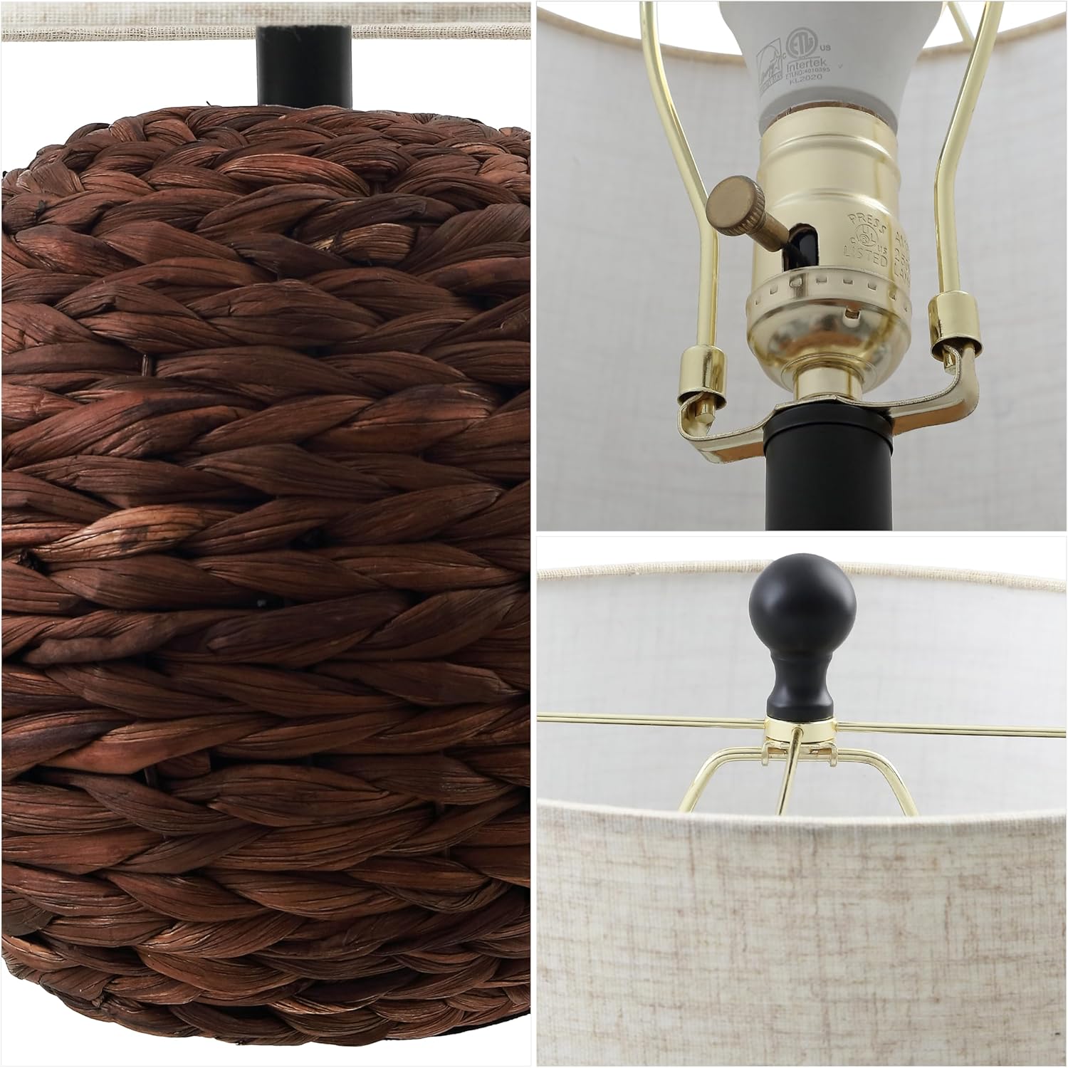 JONATHAN Y 21.5" Dark Brown Modern Coastal Woven Rattan Globe LED Table Lamp for Bedroom, Oatmeal Linen Drum Shade, LED Bulb Included, Rustic Bedside Lamp for Living Room (JYL6514B)