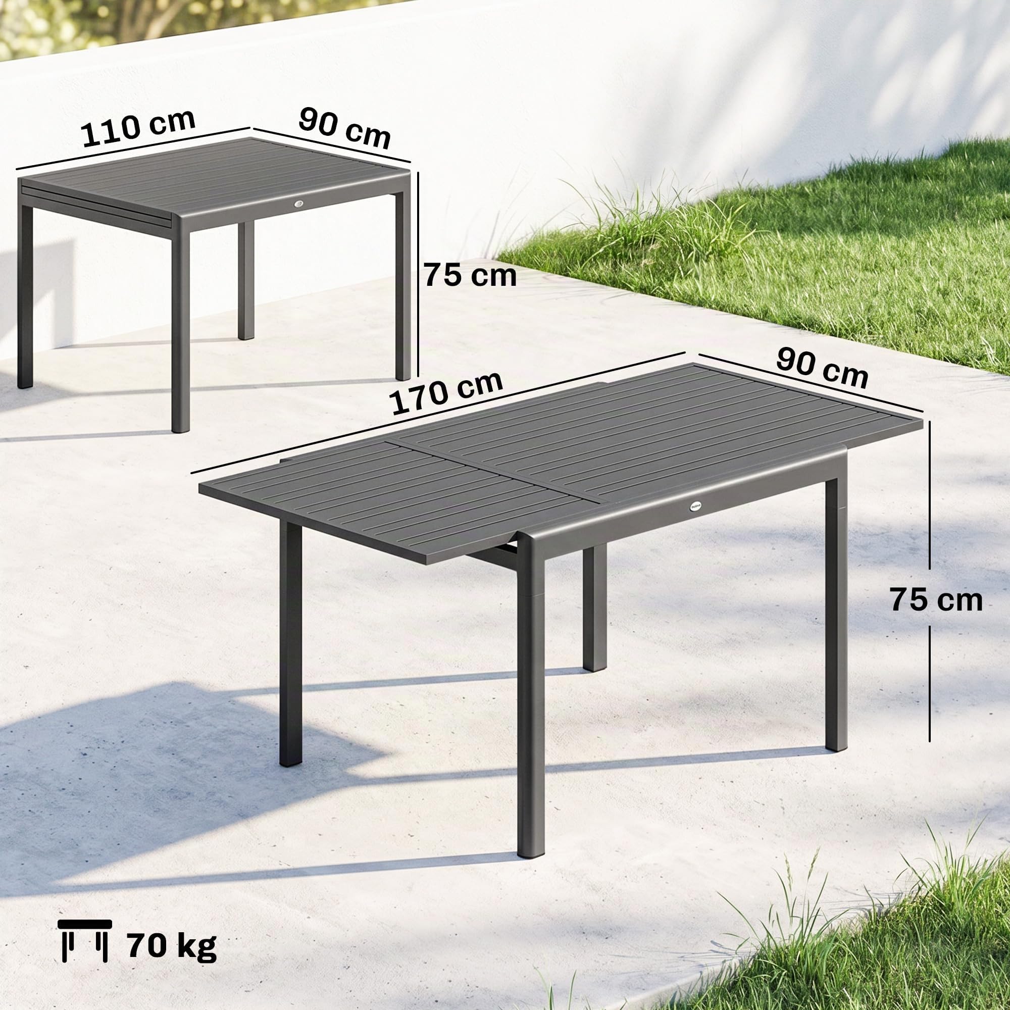 Outsunny Tavolo da Giardino Allungabile per 6-8 Persone Grigio Scuro | in Alluminio, Tavolo da Pranzo Estensibile Rettangolare 110-170 cm, Piano a Doghe, da Esterno, Patio Terrazzo Balcone