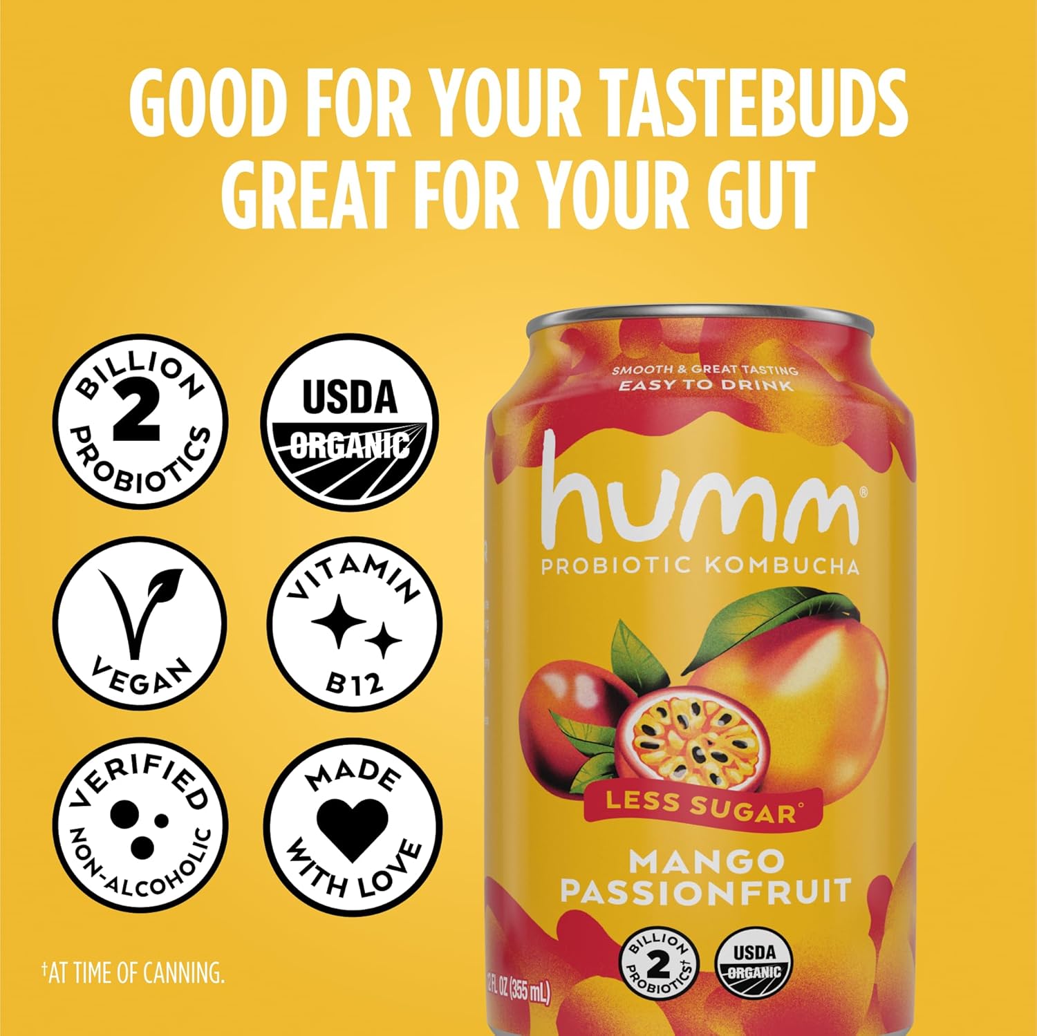 Humm Probiotic Kombucha The Original Variety 12 Pack, Organic, 2 Billion Probiotics for Gut Health, Mango Passionfruit, Blueberry Mint and Strawberry Lemonade