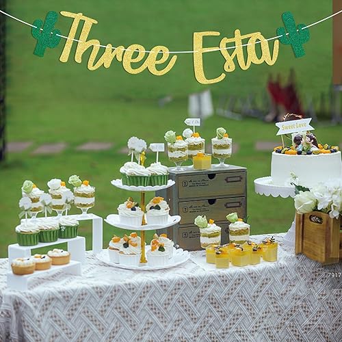 Miniatura 5 de Three Esta Banner con purpurina dorada, decoraciones de fiesta de tercer cumpleaños para niños, decoraciones de fiesta de tercer cumpleaños con
