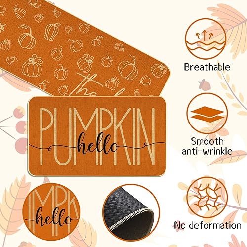 Miniatura 4 de Juego de 2 tapetes de cocina de otoño naranja con texto en inglés "Hello Pumpkin" para decoración del hogar, tapetes de cocina de bajo perfil para