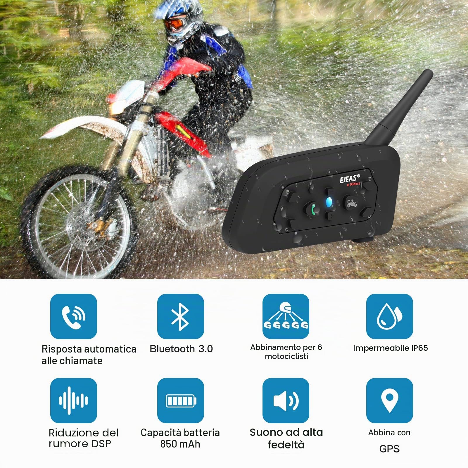 EJEAS V6 Pro Interfono Moto Bluetooth 1200M 2 Persone Wireless Full Duplex Connetti Fino a 6 Motociclisti (2 Confezione)