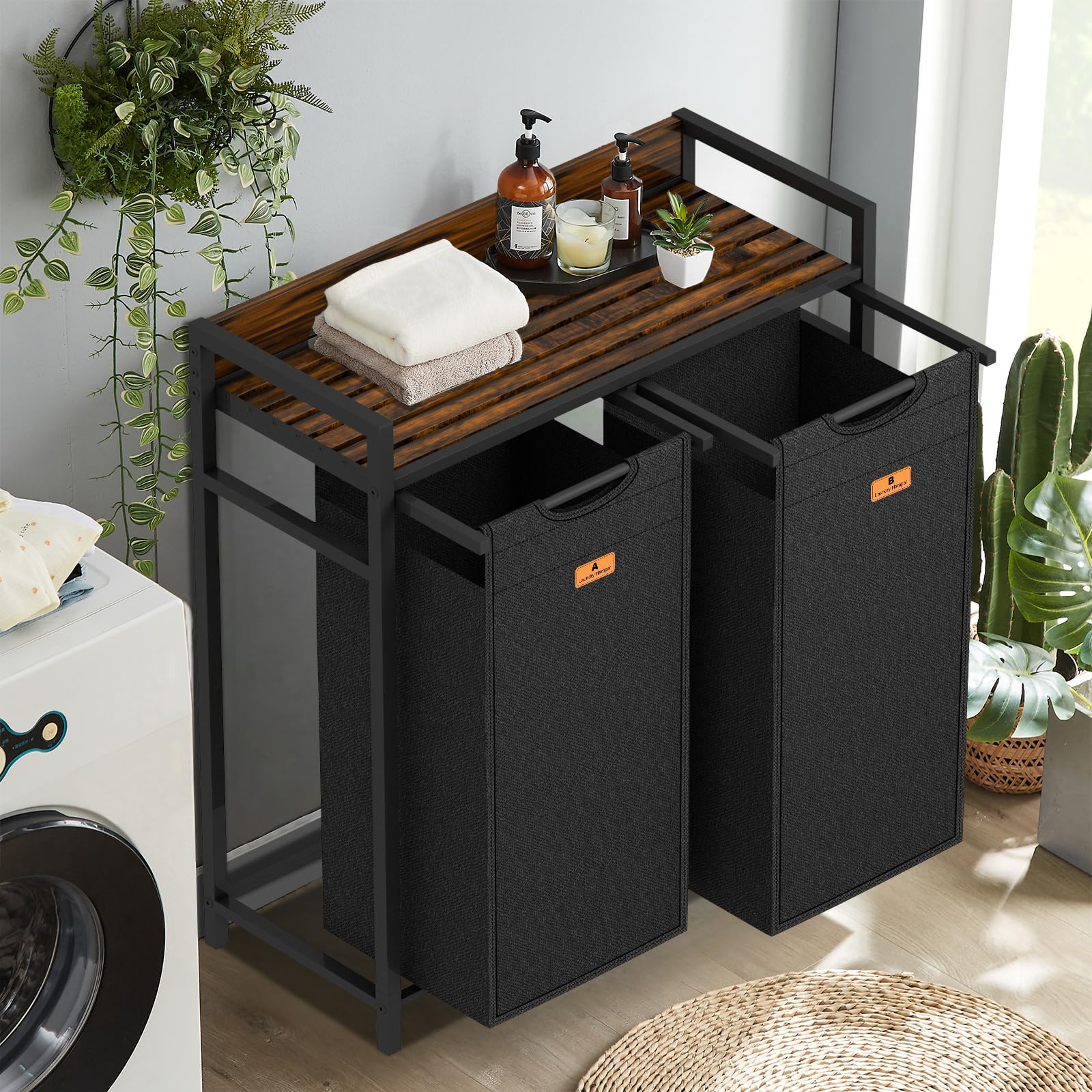 Lifeand Laundry Hamper, Laundry Clothes Sorter with 2 Pull-Out Bags and Shelf, Laundry Basket 2 Section, 2×12.1Gal (46L), Rustic Brown and Black